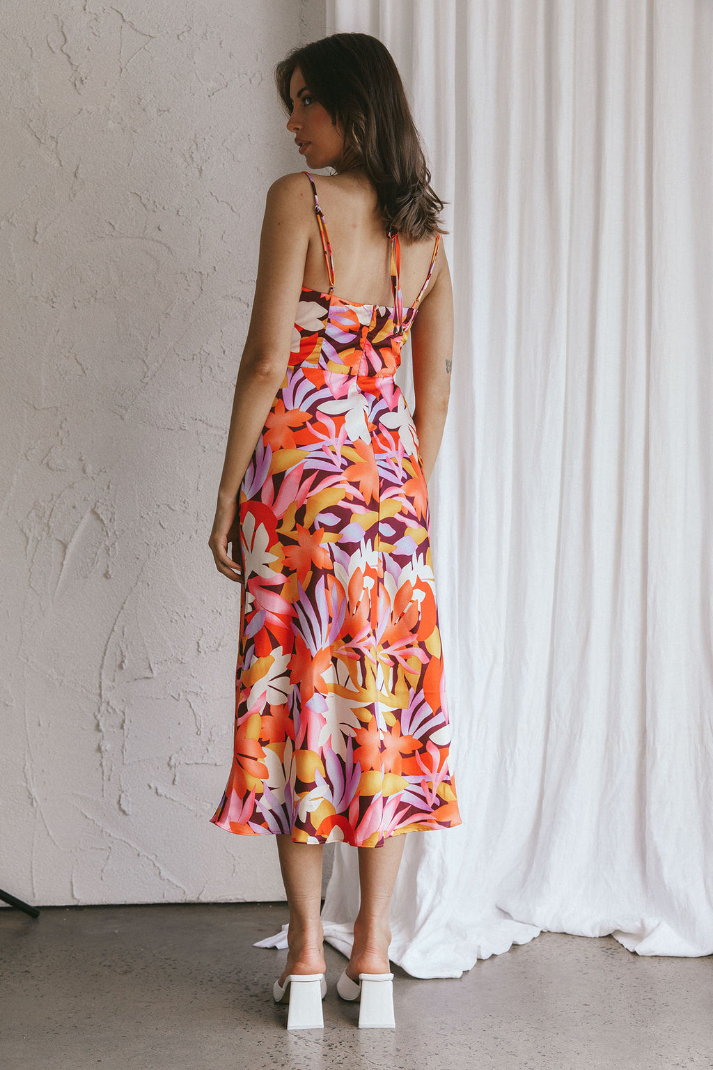 Emmalie Satin Midi Dress Floral Orange by Selfie Leslie