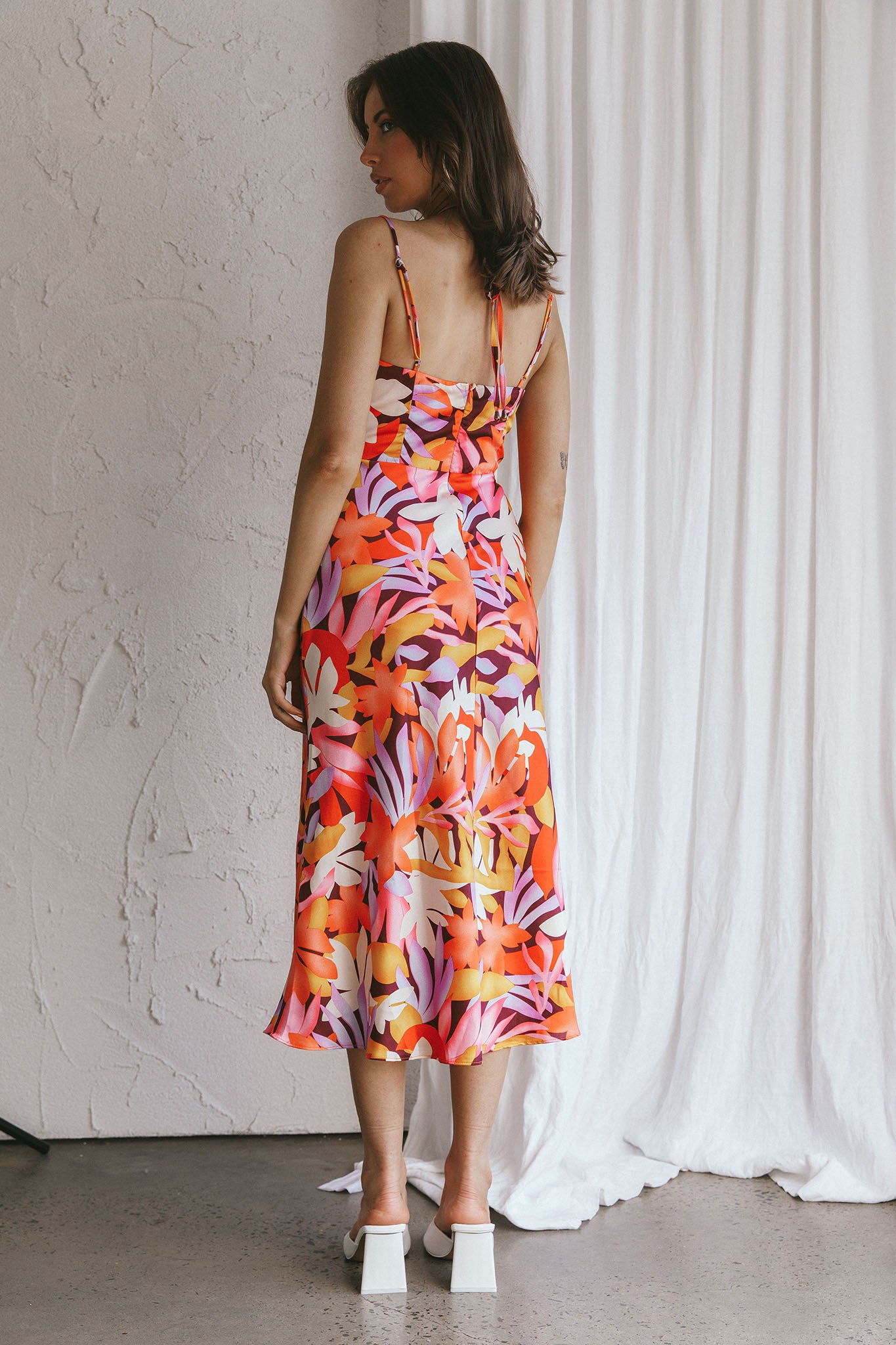 Emmalie Satin Midi Dress Floral Orange by Selfie Leslie