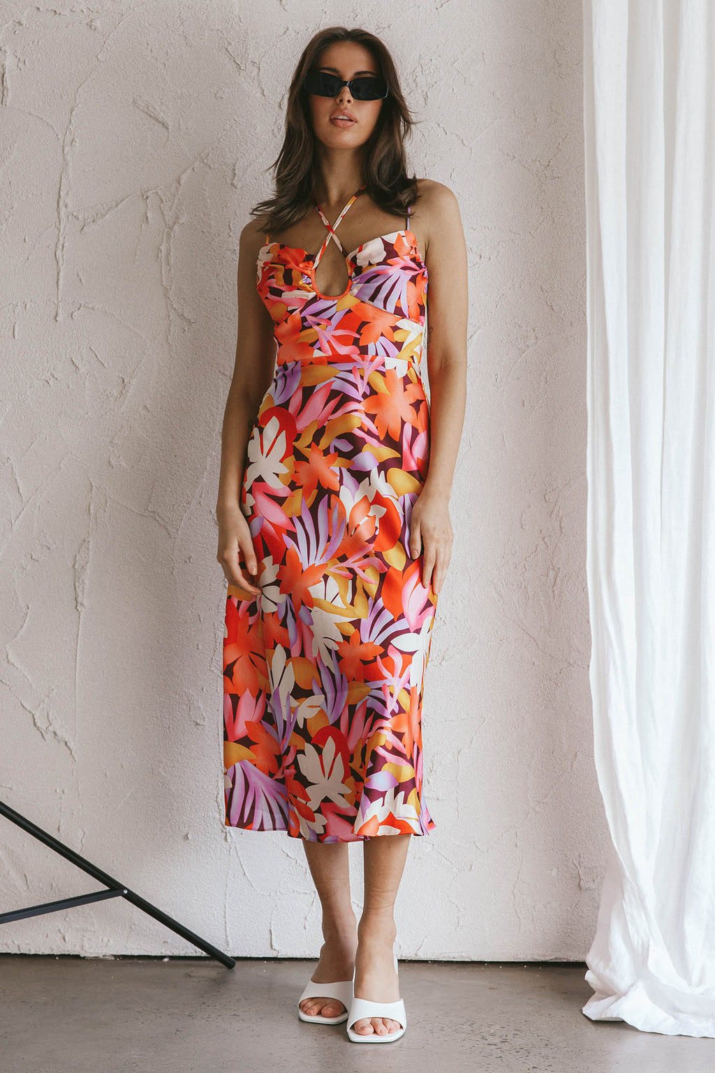 Emmalie Satin Midi Dress Floral Orange by Selfie Leslie