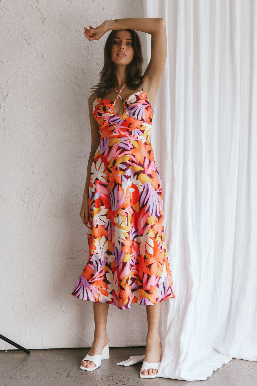 Emmalie Satin Midi Dress Floral Orange by Selfie Leslie