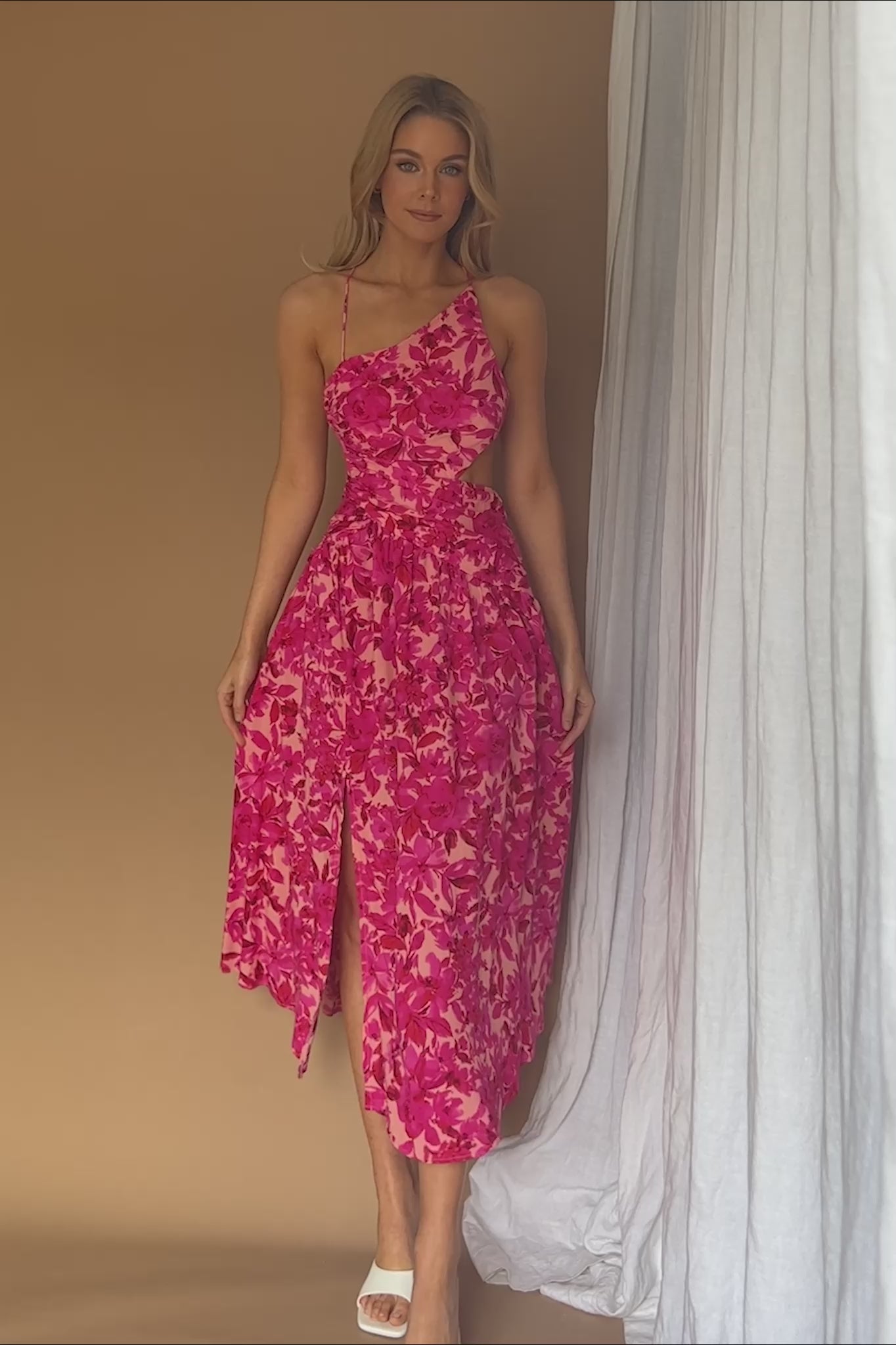 Destination Open Back Midi Dress Floral Pink