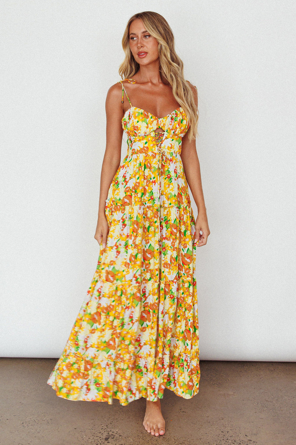 Kinlee Lace-Up Bodice Maxi Dress Floral Orange by Selfie Leslie