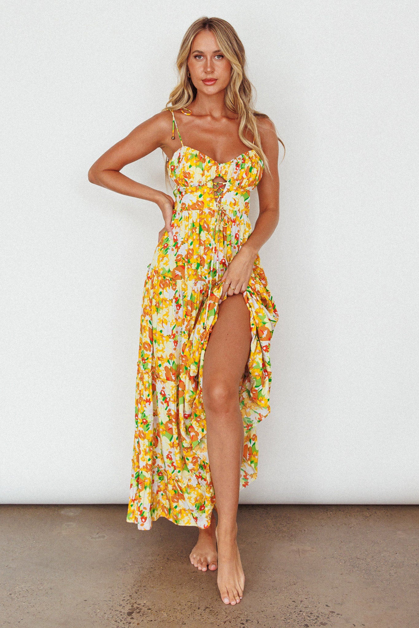 Kinlee Lace-Up Bodice Maxi Dress Floral Orange by Selfie Leslie