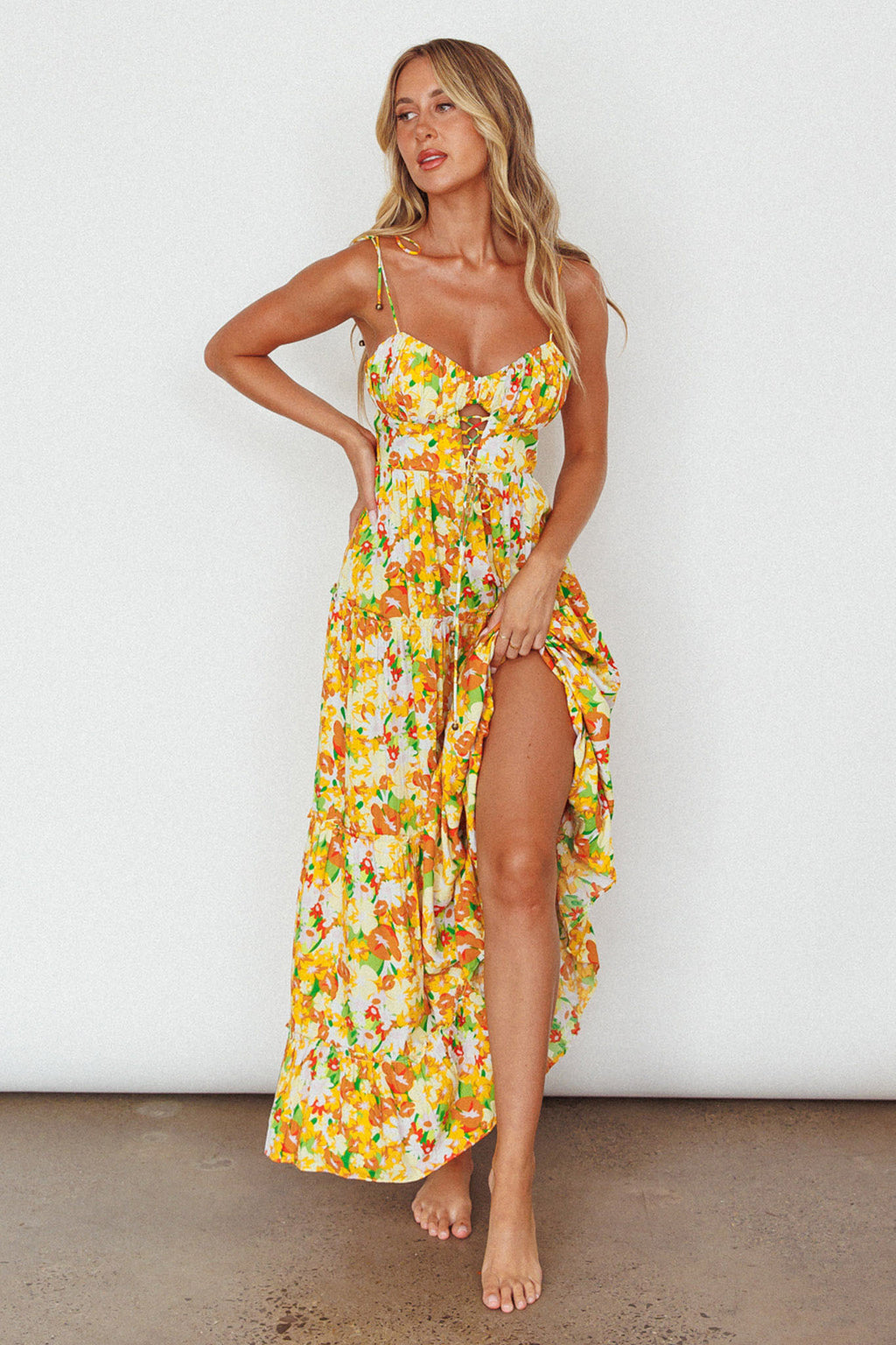Kinlee Lace-Up Bodice Maxi Dress Floral Orange by Selfie Leslie