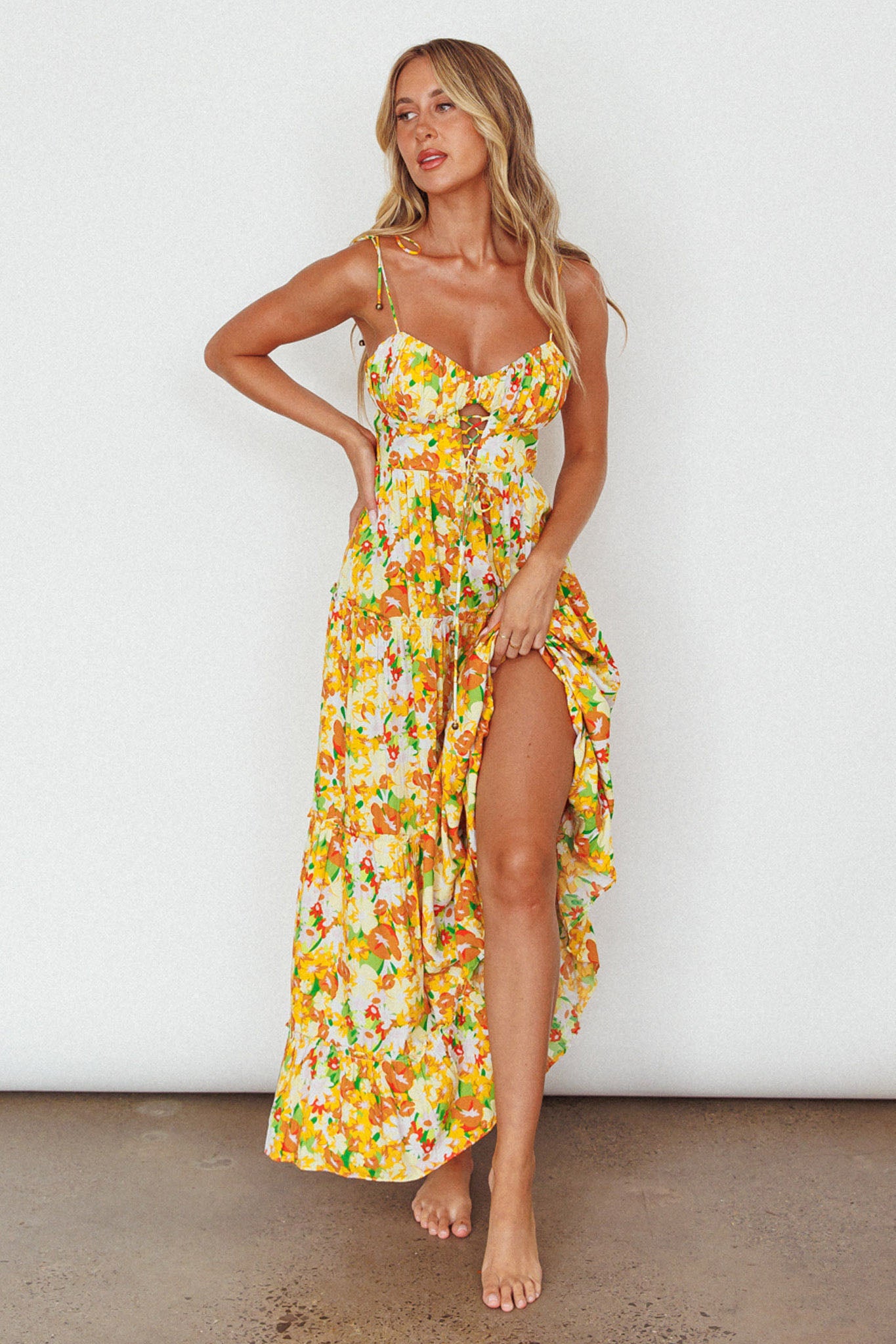 Kinlee Lace-Up Bodice Maxi Dress Floral Orange by Selfie Leslie