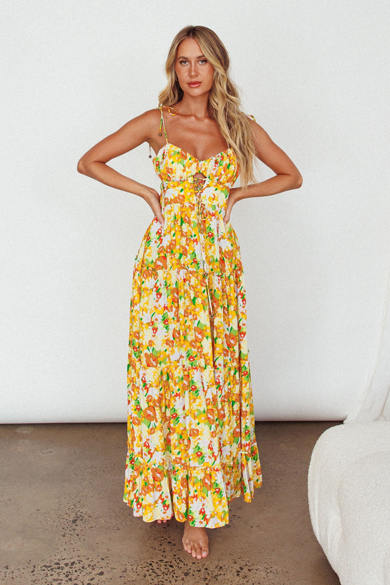 Kinlee Lace-Up Bodice Maxi Dress Floral Orange by Selfie Leslie
