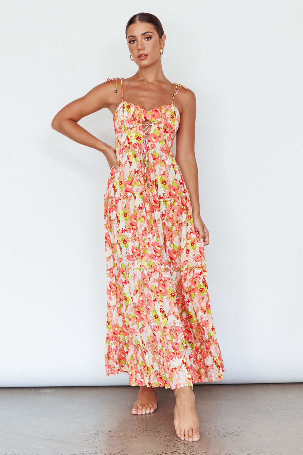Kinlee Lace-Up Bodice Maxi Dress Floral Pink by Selfie Leslie