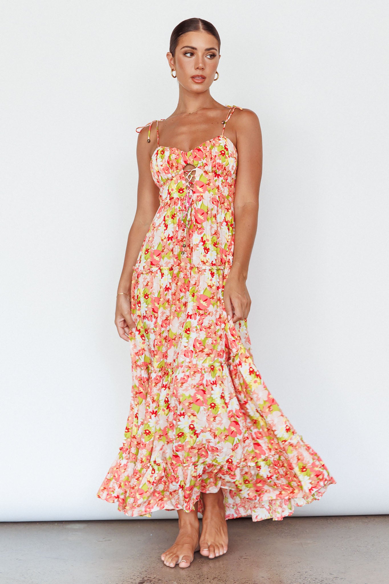chinese dress ladies Shop the Kinlee Lace-Up Bodice Maxi Dress Floral Pink