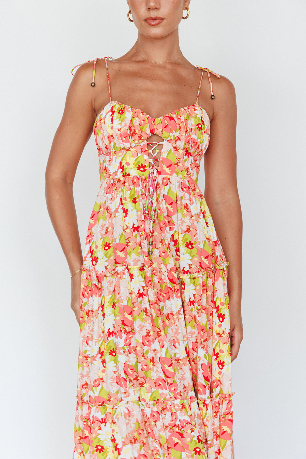 Kinlee Lace-Up Bodice Maxi Dress Floral Pink by Selfie Leslie