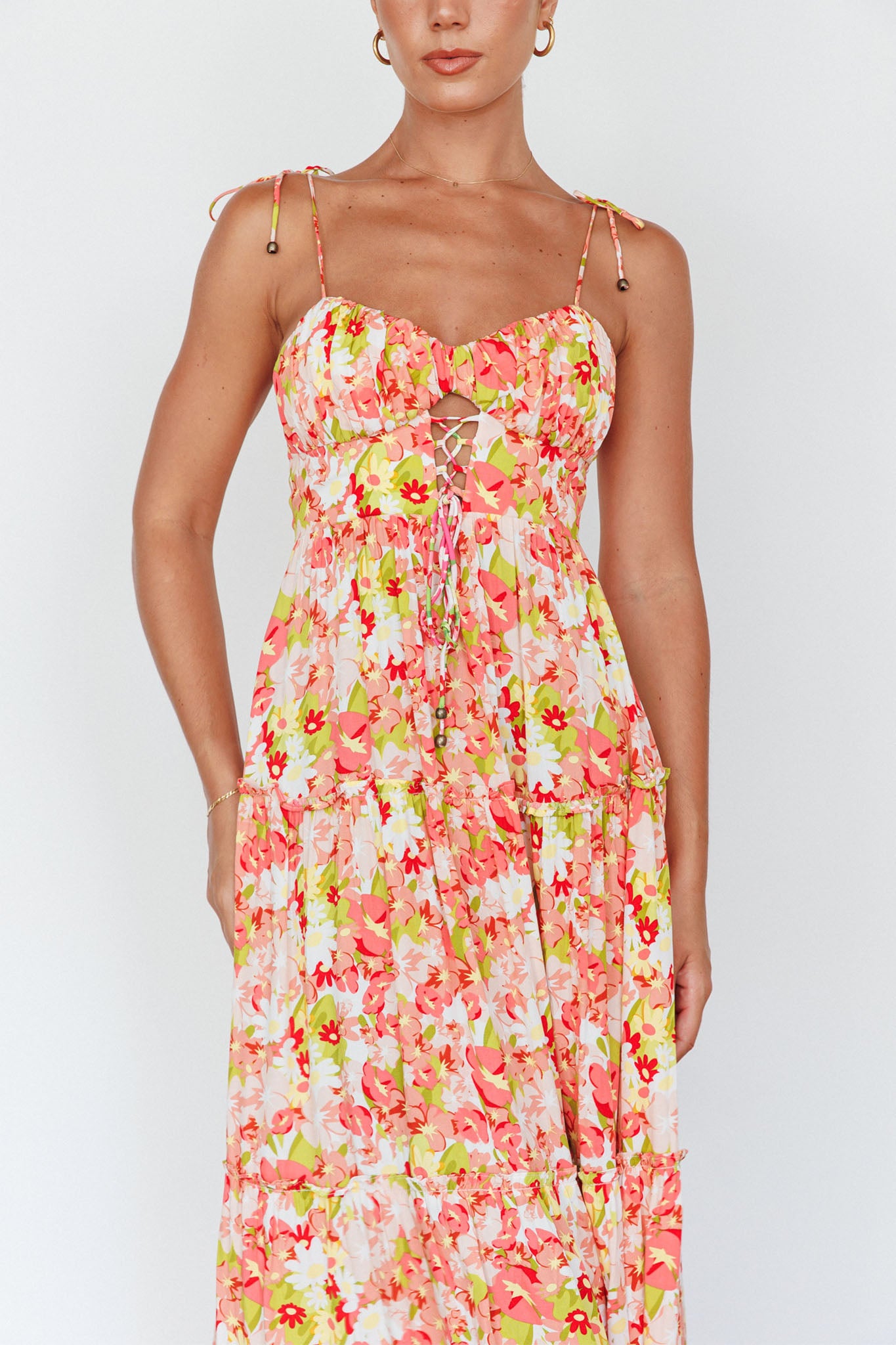 Kinlee Lace-Up Bodice Maxi Dress Floral Pink by Selfie Leslie