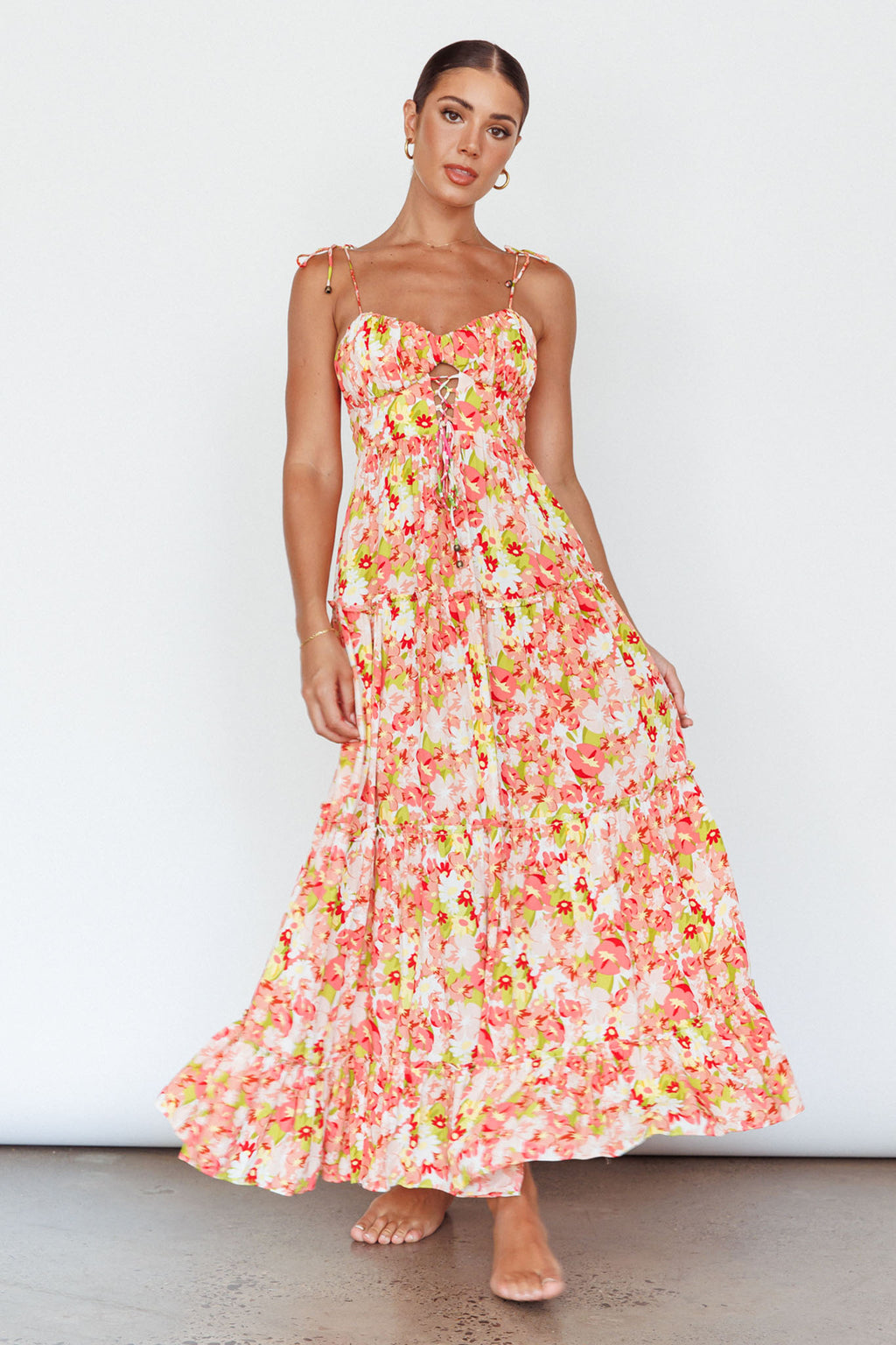 Kinlee Lace-Up Bodice Maxi Dress Floral Pink by Selfie Leslie