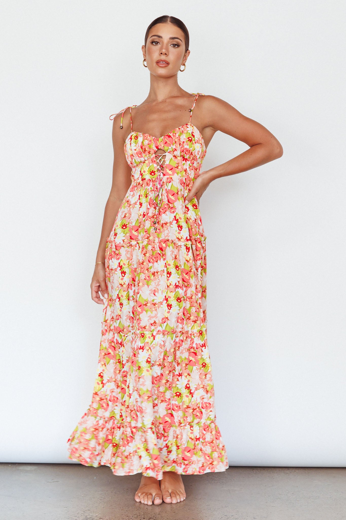 Kinlee Lace-Up Bodice Maxi Dress Floral Pink by Selfie Leslie