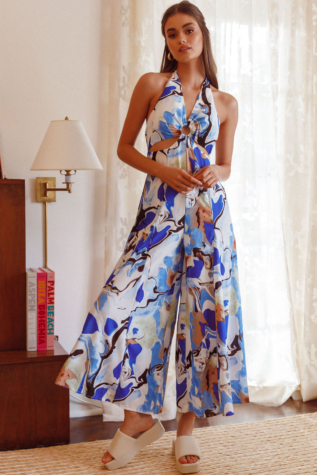 Solstice Sun Halterneck Jumpsuit Swirl Blue by Selfie Leslie