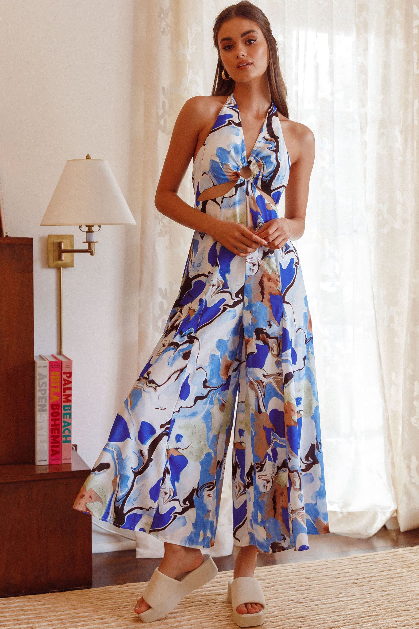 Solstice Sun Halterneck Jumpsuit Swirl Blue by Selfie Leslie