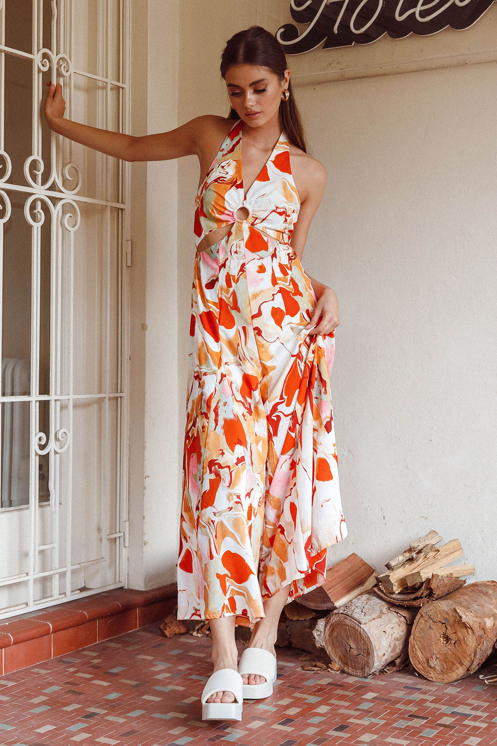 Solstice Sun Halterneck Jumpsuit Swirl Orange by Selfie Leslie