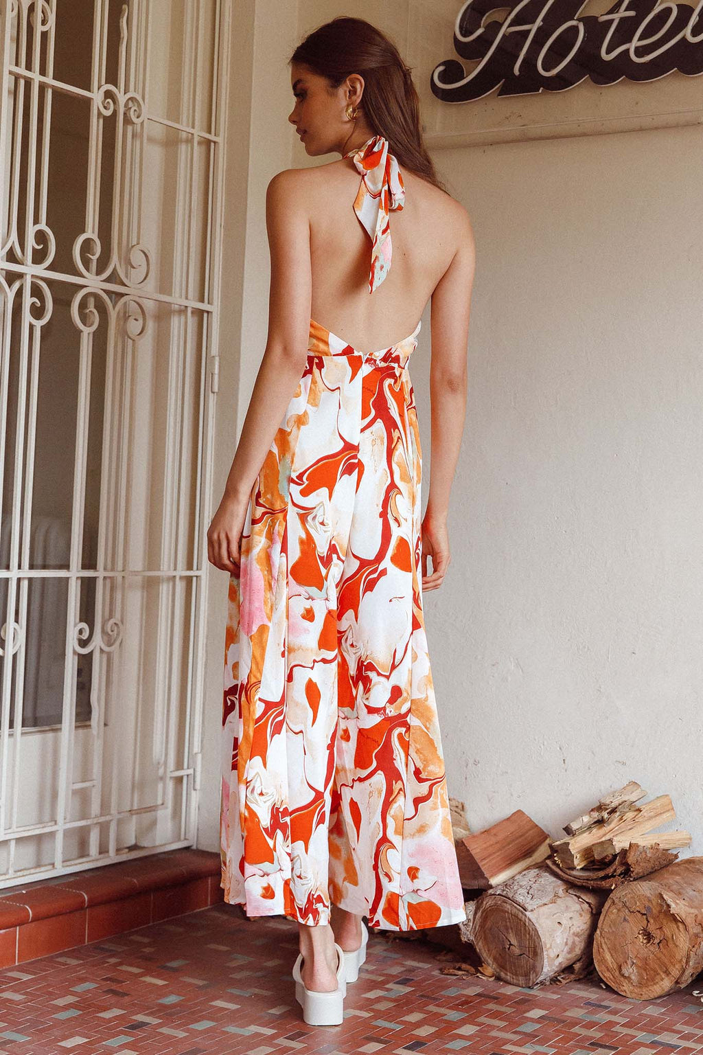 Solstice Sun Halterneck Jumpsuit Swirl Orange by Selfie Leslie