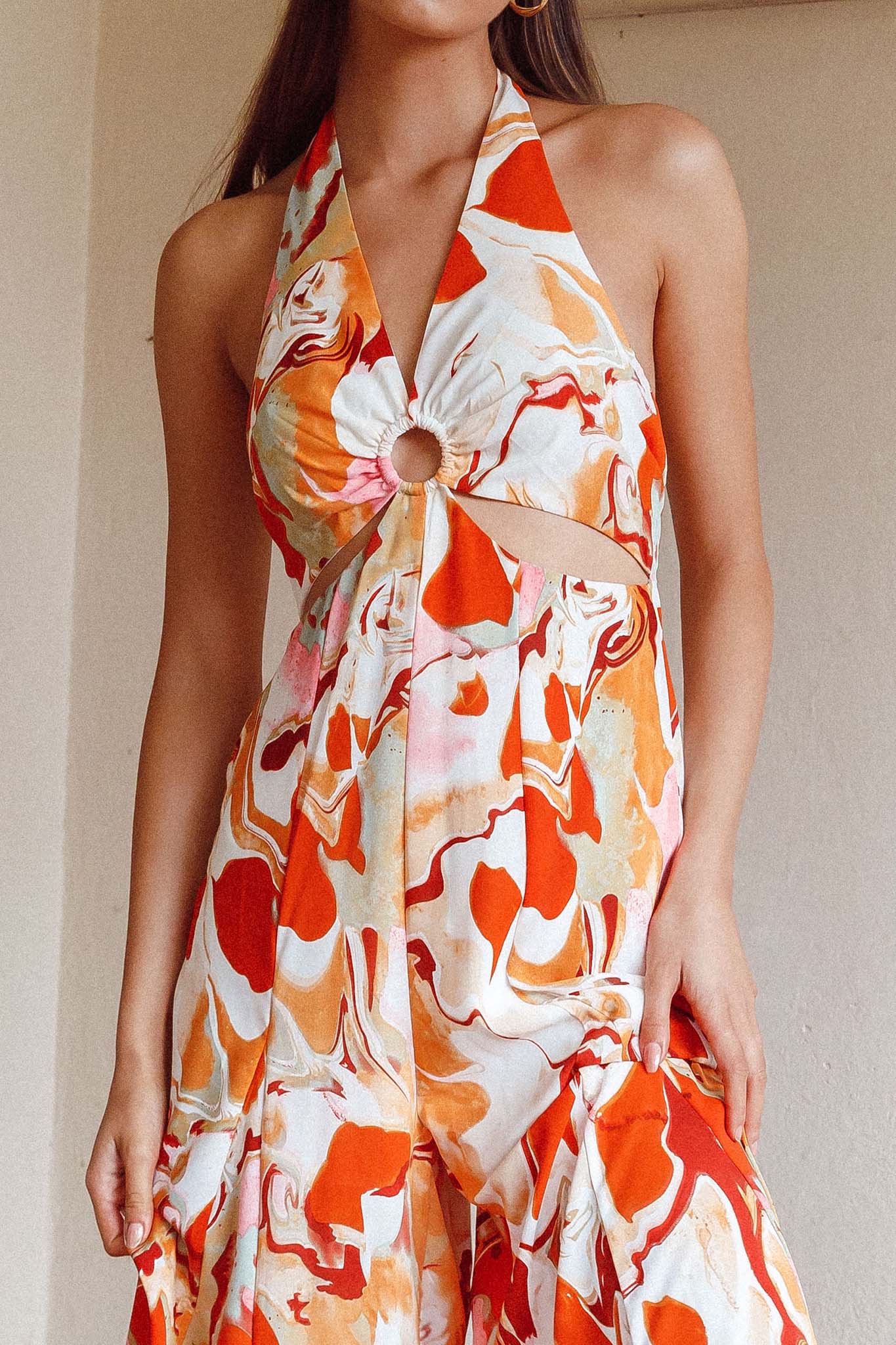 Solstice Sun Halterneck Jumpsuit Swirl Orange by Selfie Leslie