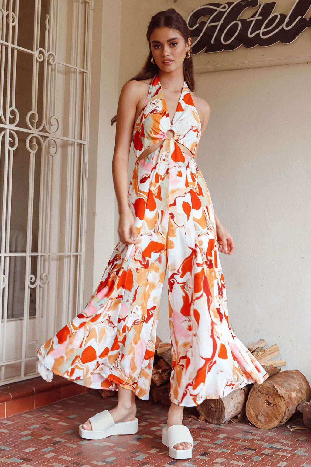 Solstice Sun Halterneck Jumpsuit Swirl Orange by Selfie Leslie