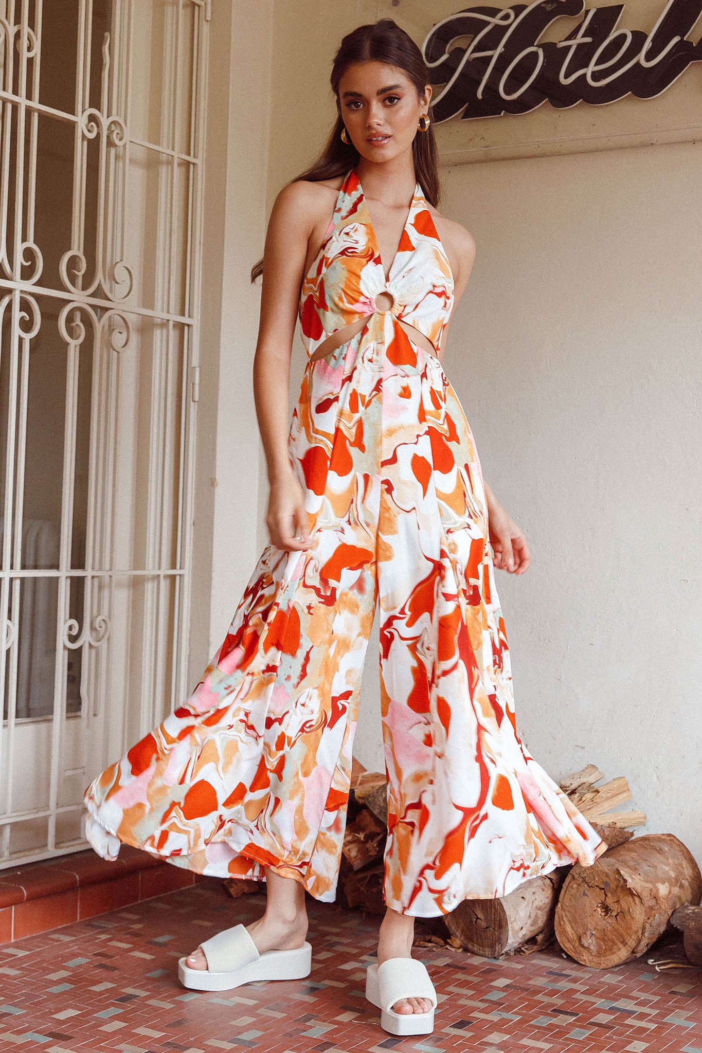 Solstice Sun Halterneck Jumpsuit Swirl Orange by Selfie Leslie