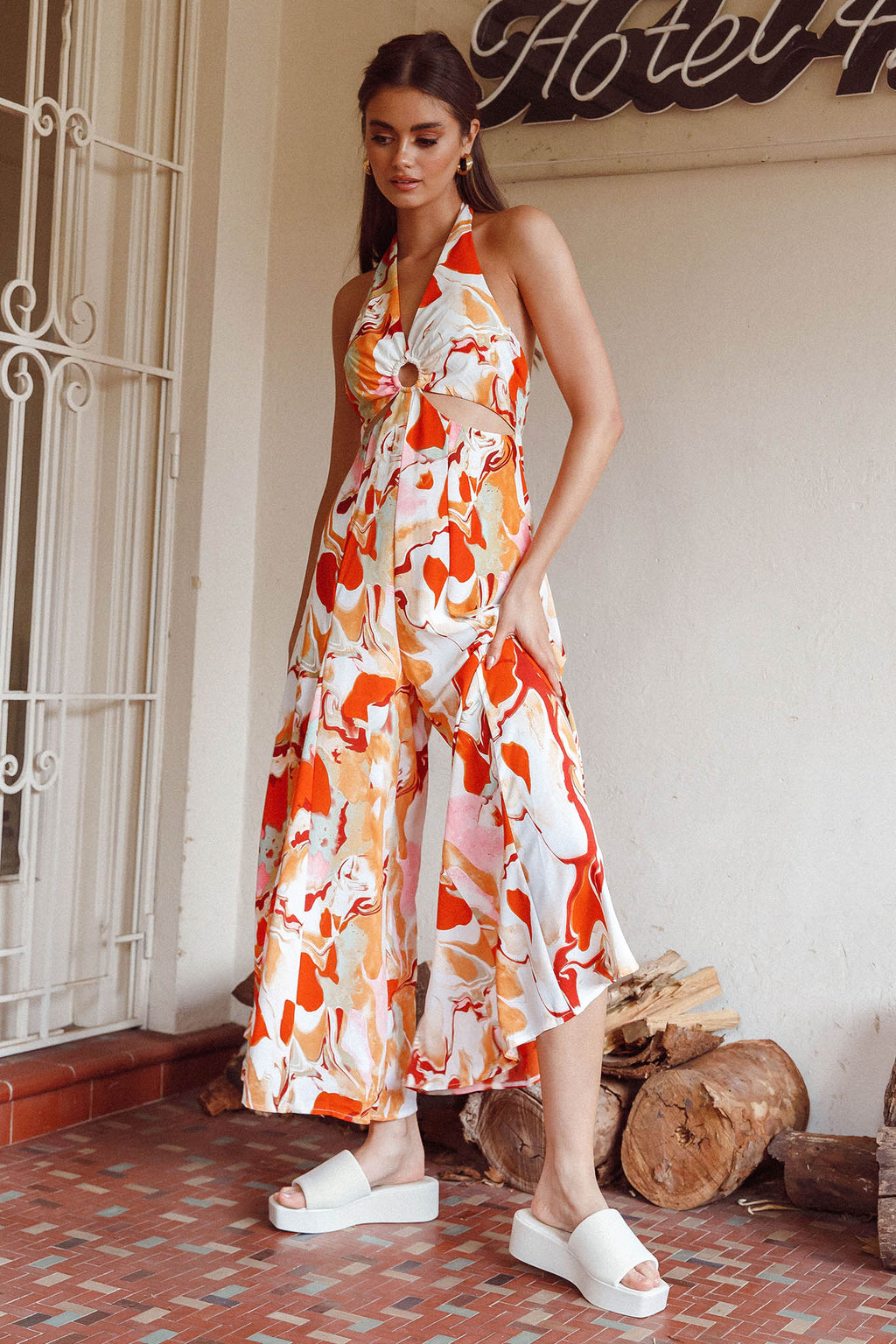 Solstice Sun Halterneck Jumpsuit Swirl Orange by Selfie Leslie