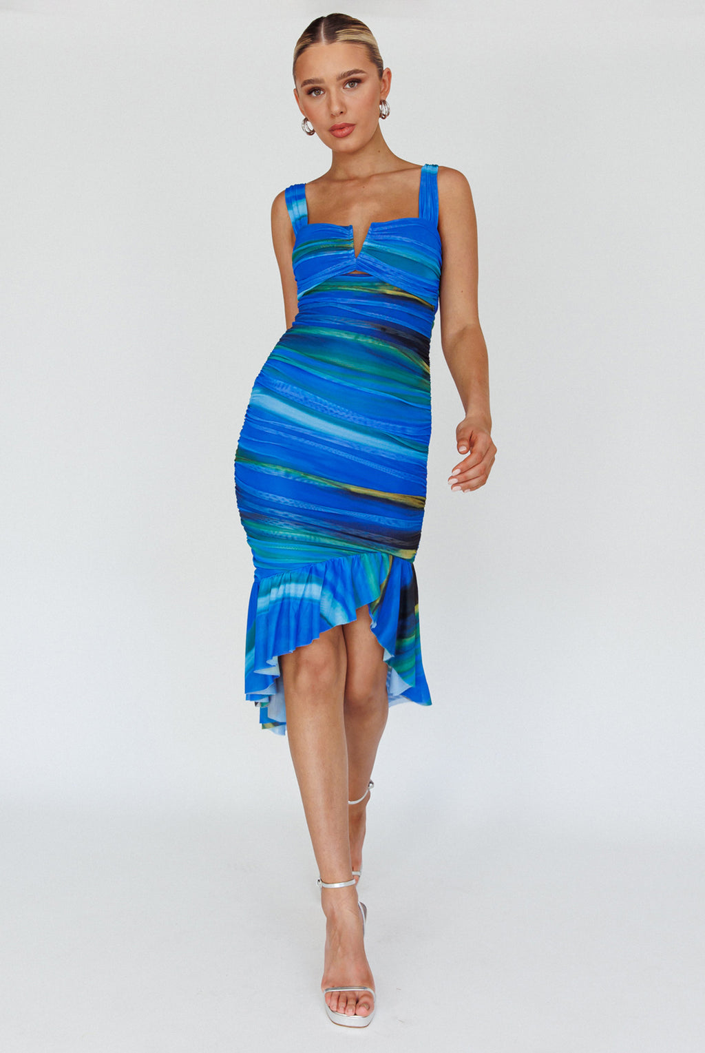 Nadia Ruched Fishtail Midi Dress Print Blue by Selfie Leslie