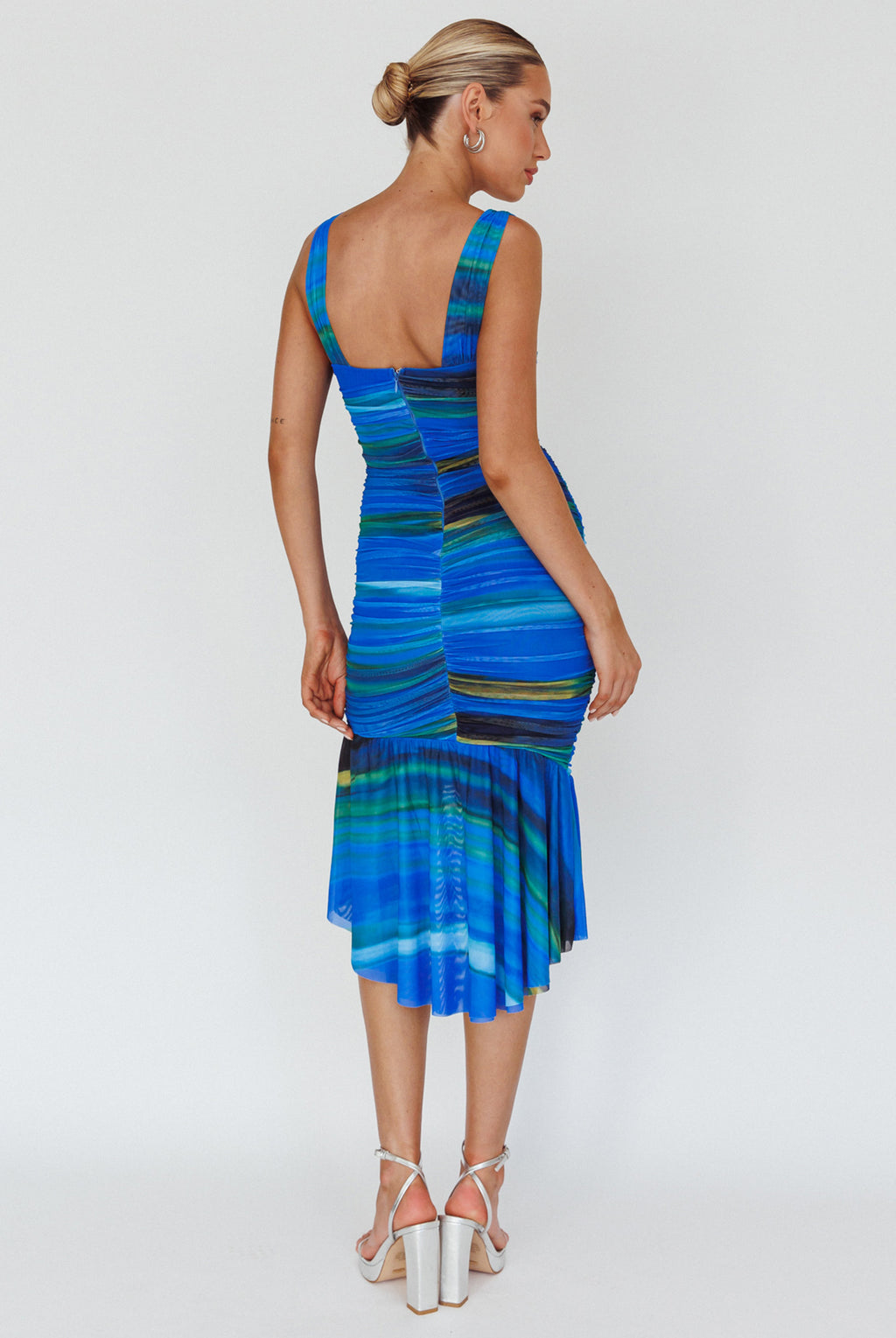 Nadia Ruched Fishtail Midi Dress Print Blue by Selfie Leslie