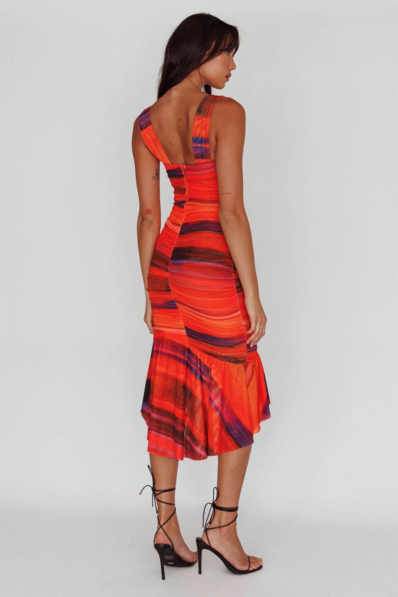 Nadia Ruched Fishtail Midi Dress Print Orange by Selfie Leslie