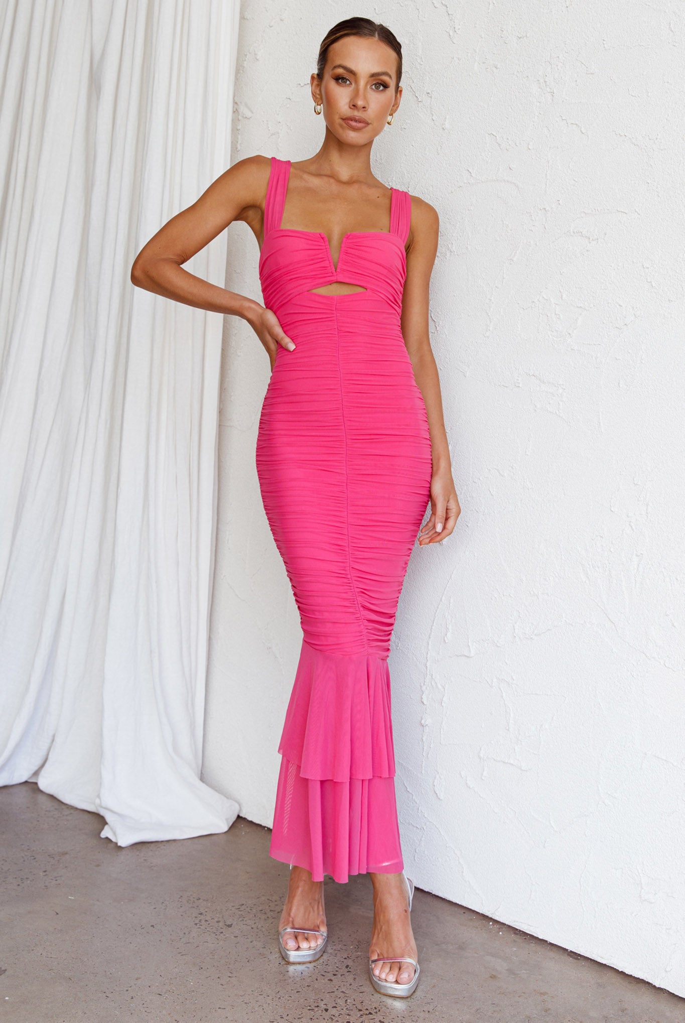 Nadia Ruched Fishtail Maxi Dress Hot Pink by Selfie Leslie
