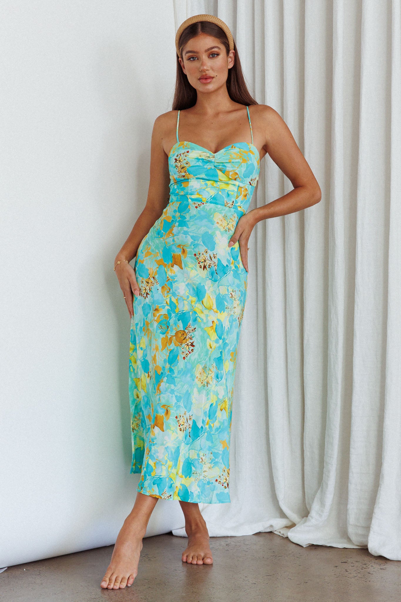 Golden Sands Cami Strap Maxi Dress Floral Teal by Selfie Leslie