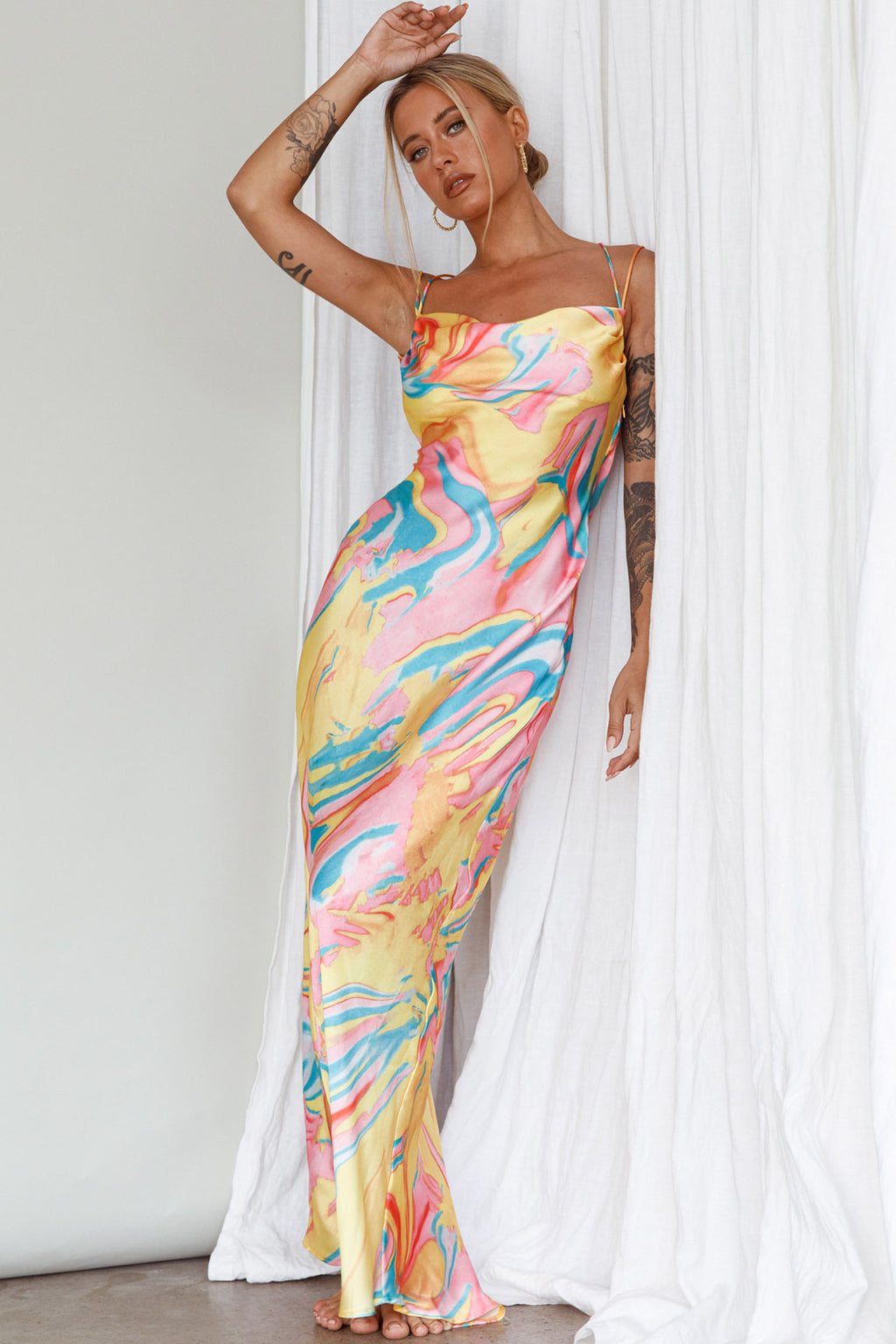 Moment With You Ruched Bust Midi Dress Swirl Yellow/Green by Selfie Leslie
