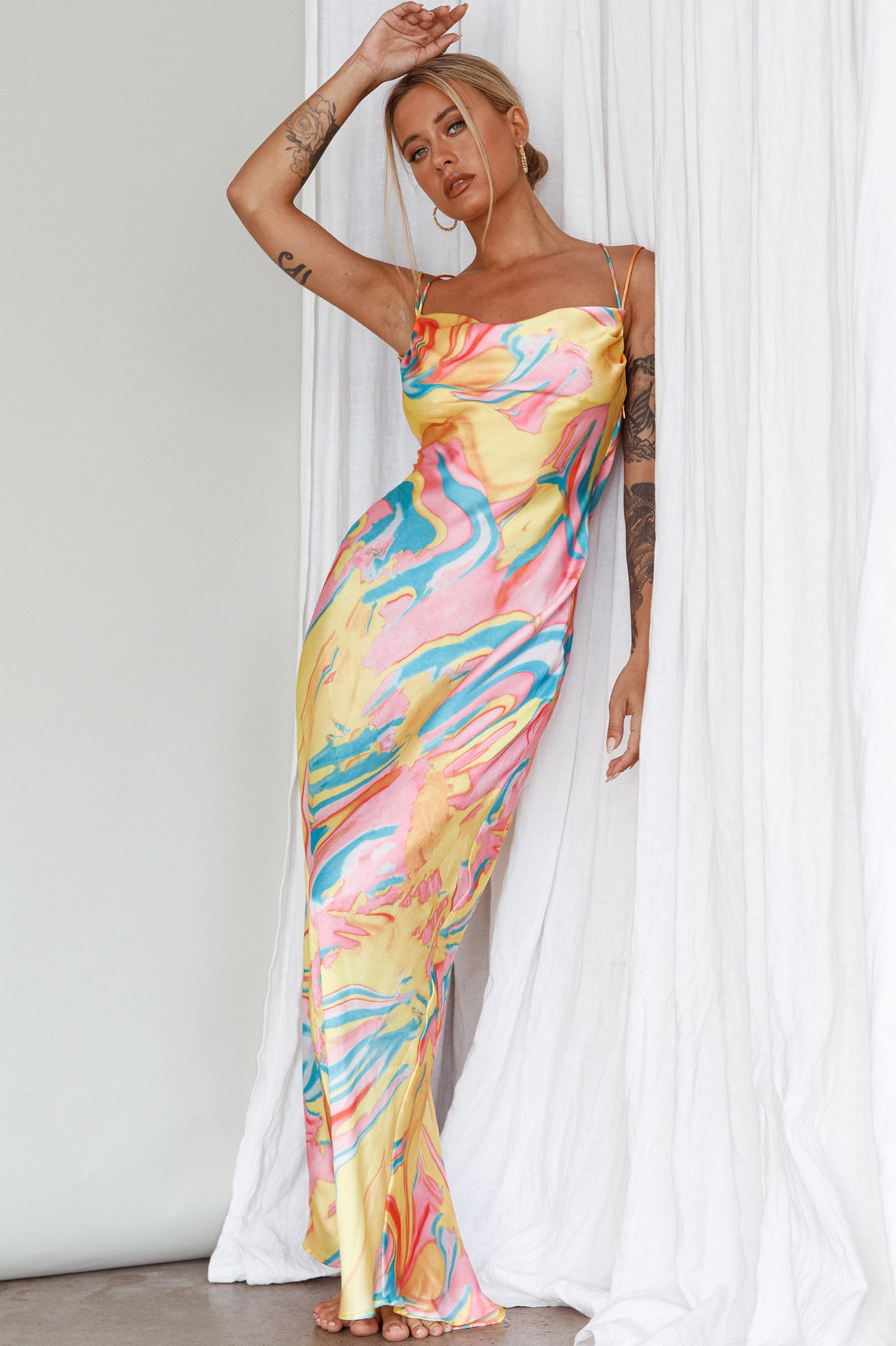 Moment With You Ruched Bust Midi Dress Swirl Yellow/Green by Selfie Leslie