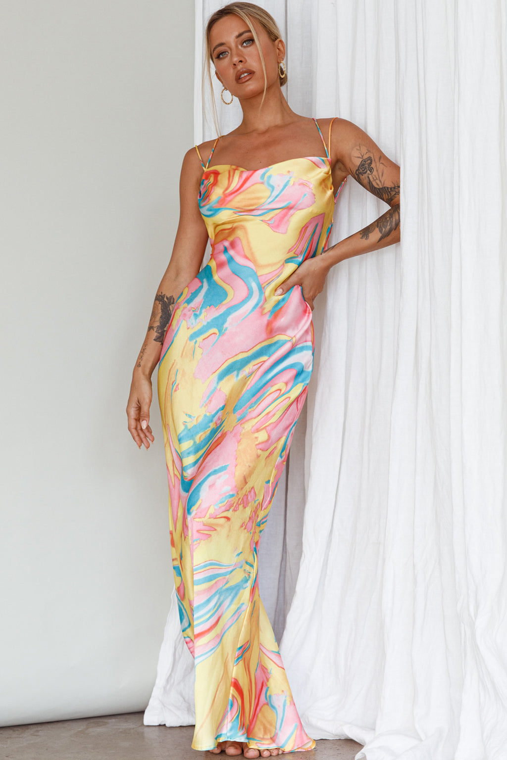 Moment With You Ruched Bust Midi Dress Swirl Yellow/Green by Selfie Leslie