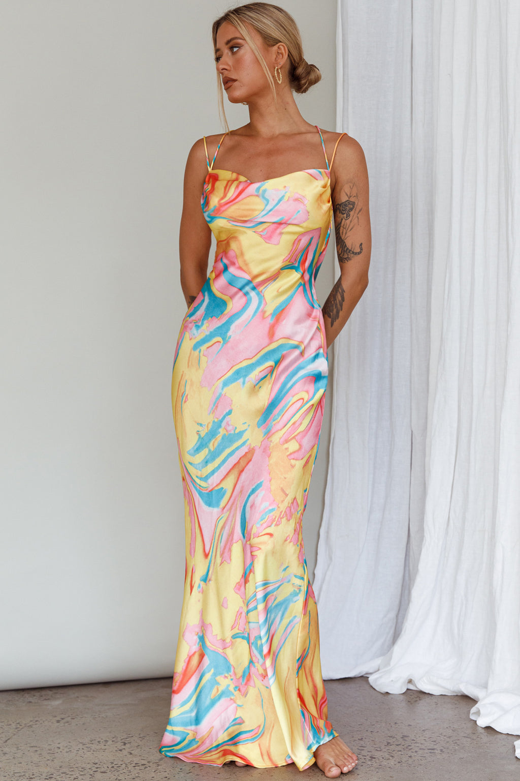 Moment With You Ruched Bust Midi Dress Swirl Yellow/Green by Selfie Leslie