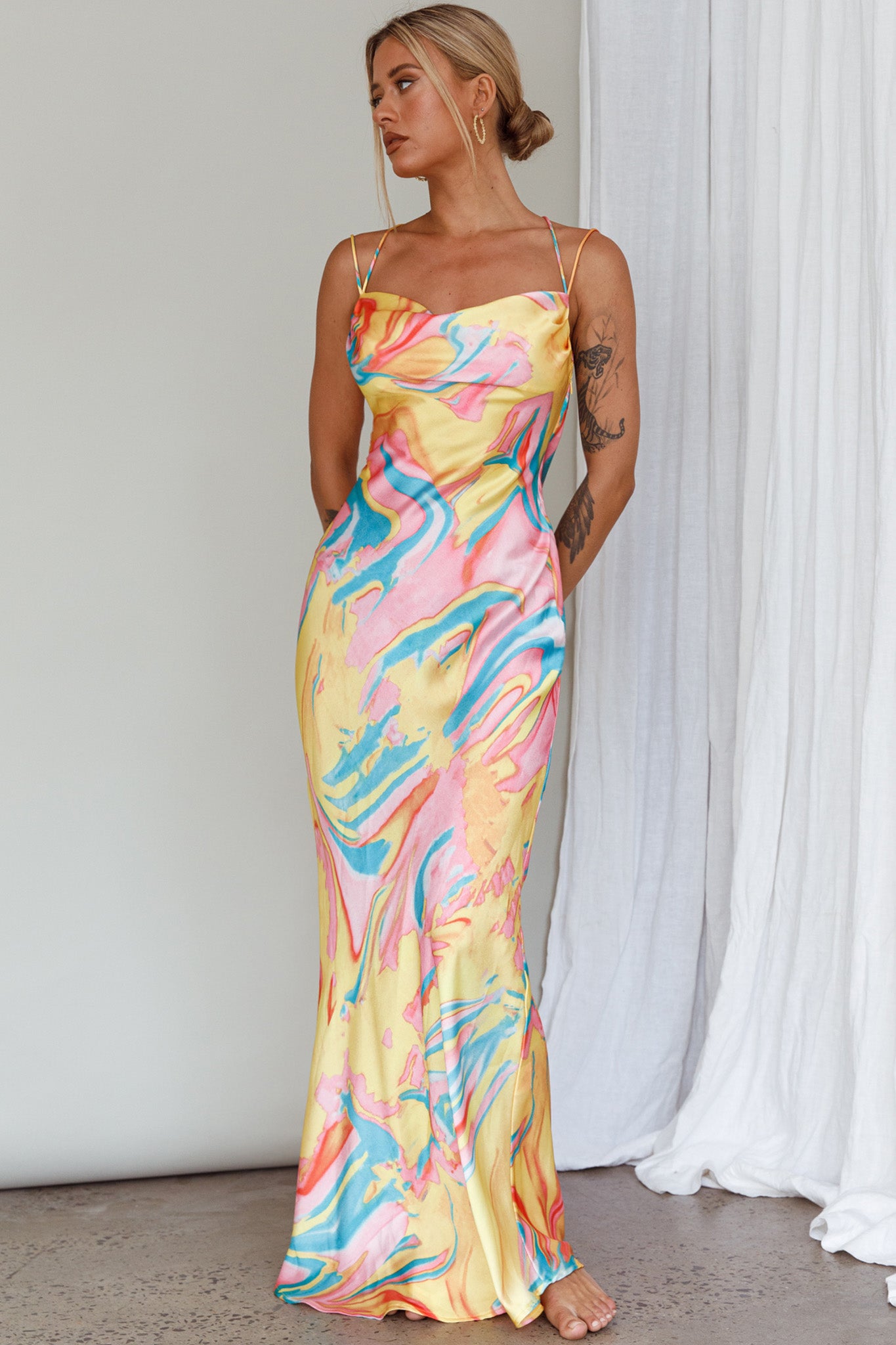 Moment With You Ruched Bust Midi Dress Swirl Yellow/Green by Selfie Leslie