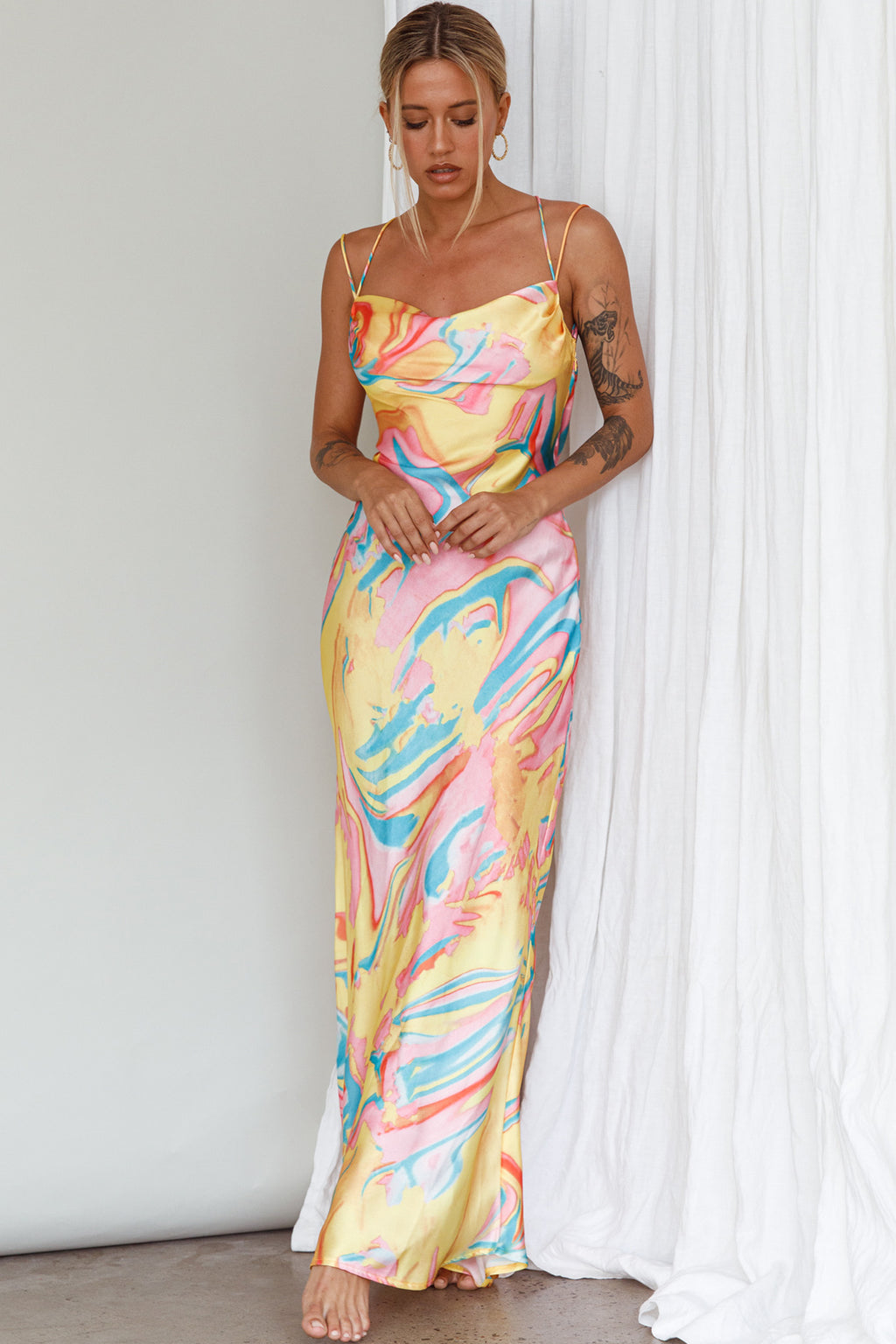 Moment With You Ruched Bust Midi Dress Swirl Yellow/Green by Selfie Leslie