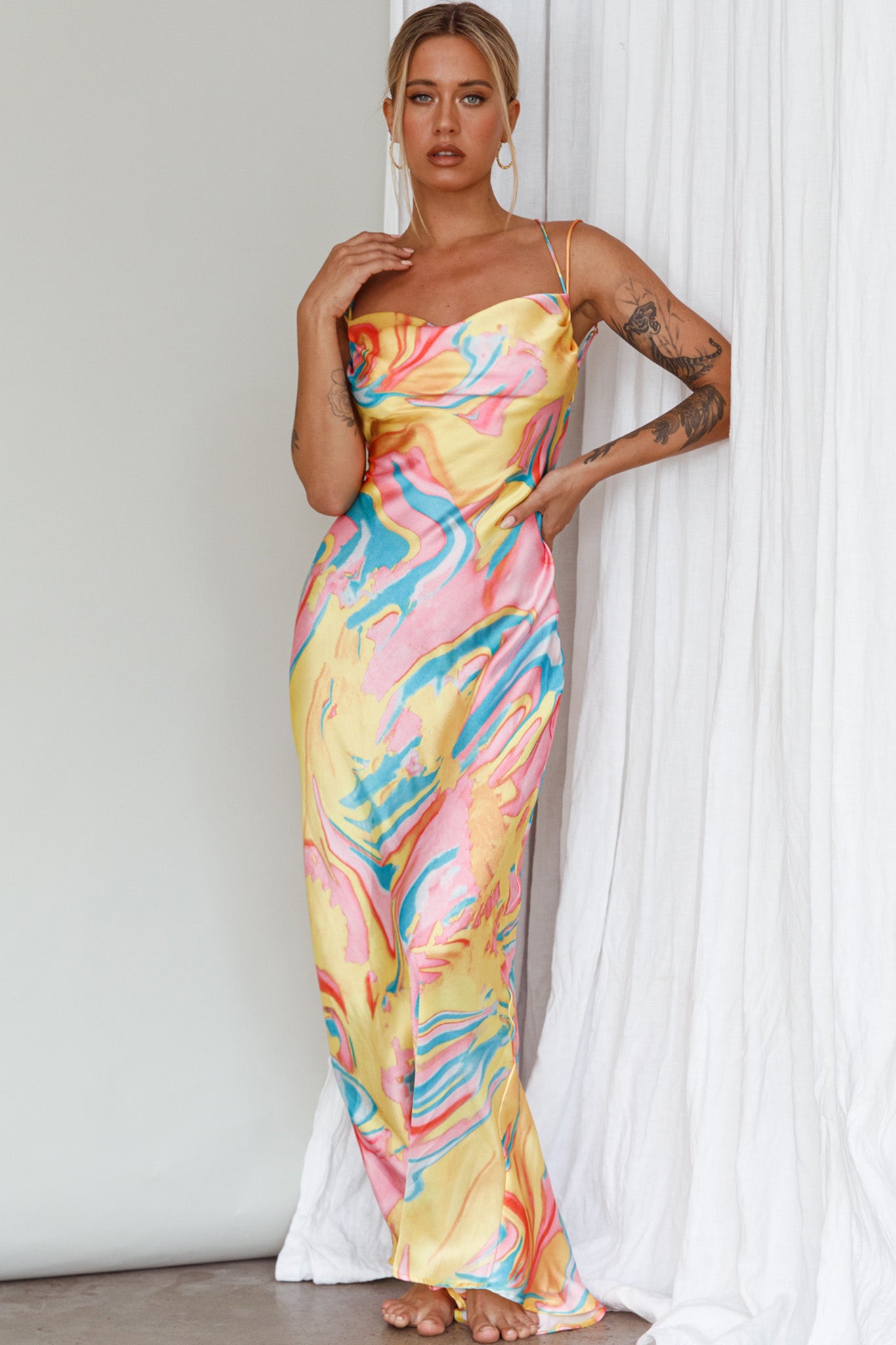 Moment With You Ruched Bust Midi Dress Swirl Yellow/Green by Selfie Leslie