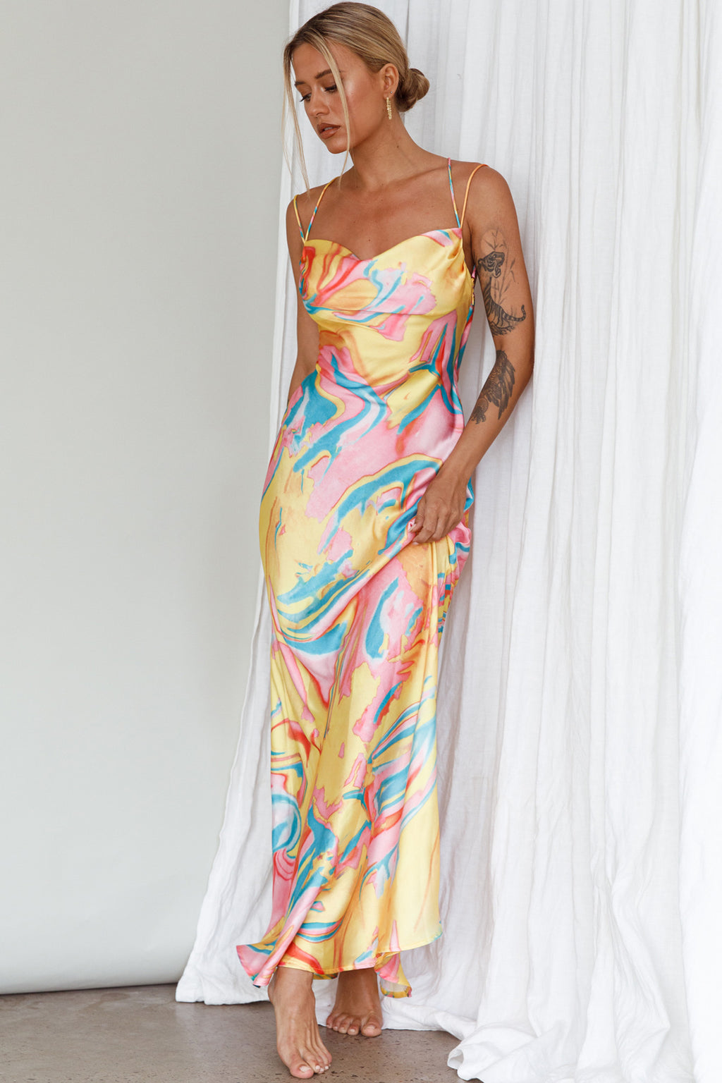 Moment With You Ruched Bust Midi Dress Swirl Yellow/Green by Selfie Leslie