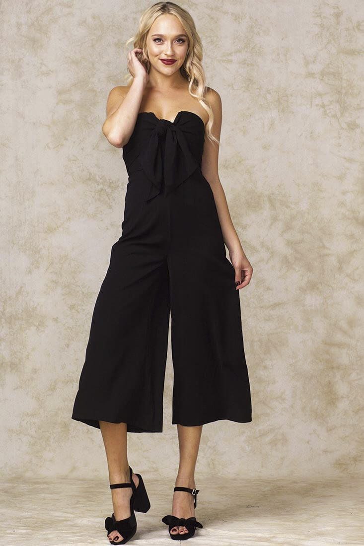 Khloe Bow Tie Wide Leg Jumpsuit Black by Selfie Leslie