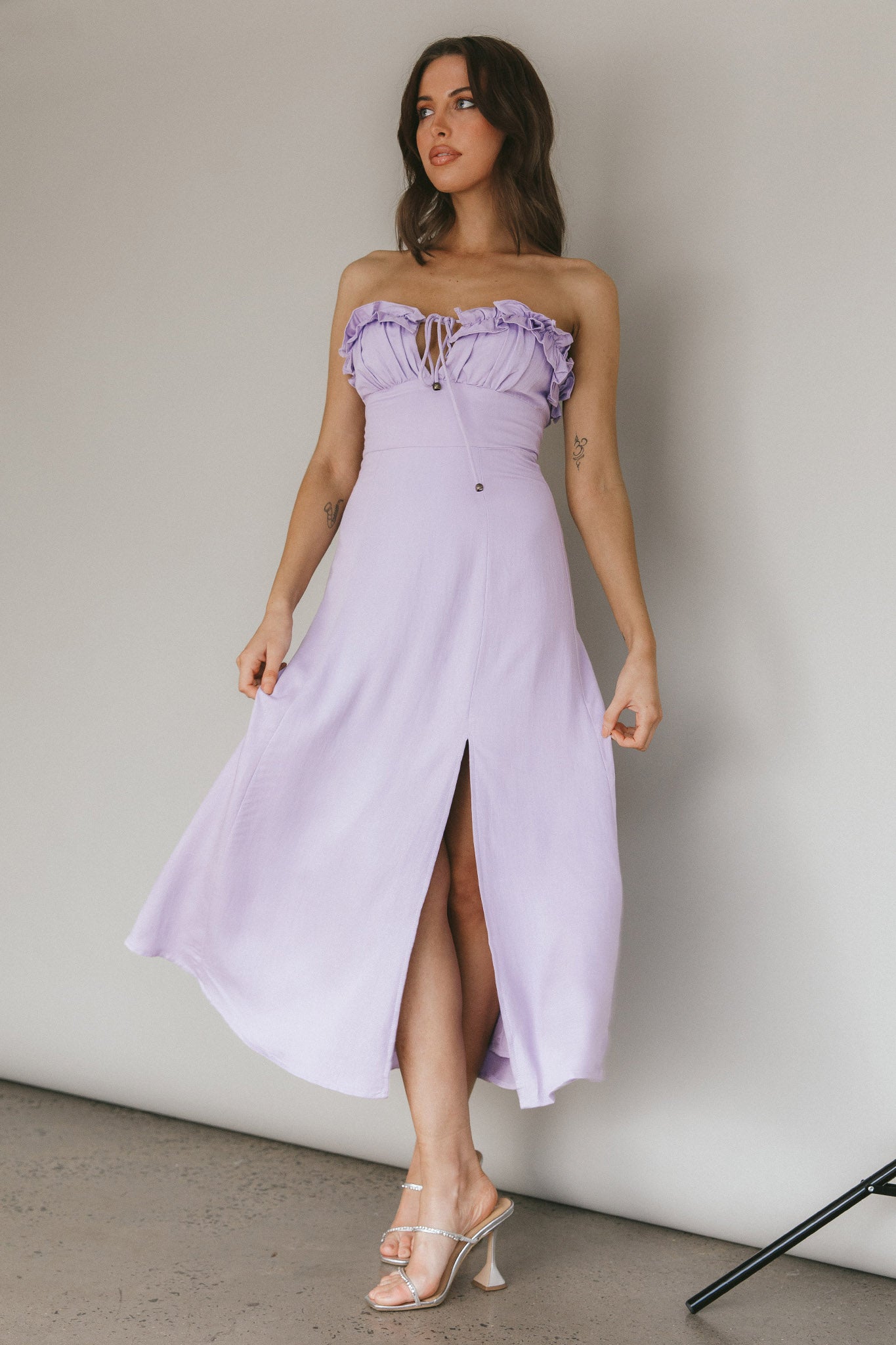 Under The Sun Tied Bust Midi Dress Lilac by Selfie Leslie