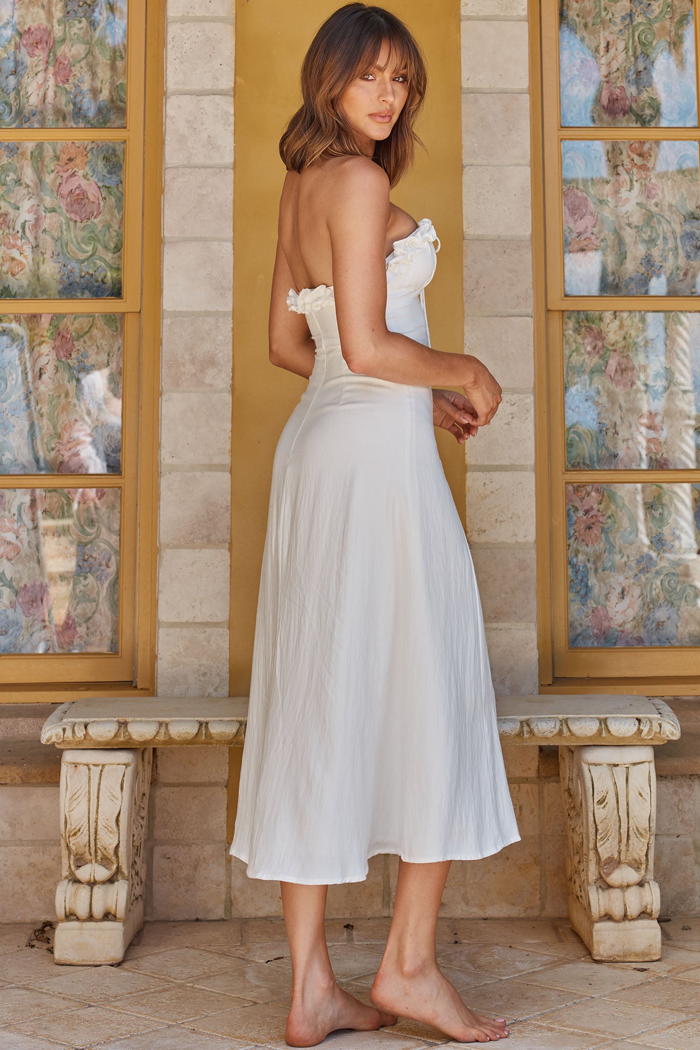 Under The Sun Tied Bust Midi Dress White by Selfie Leslie