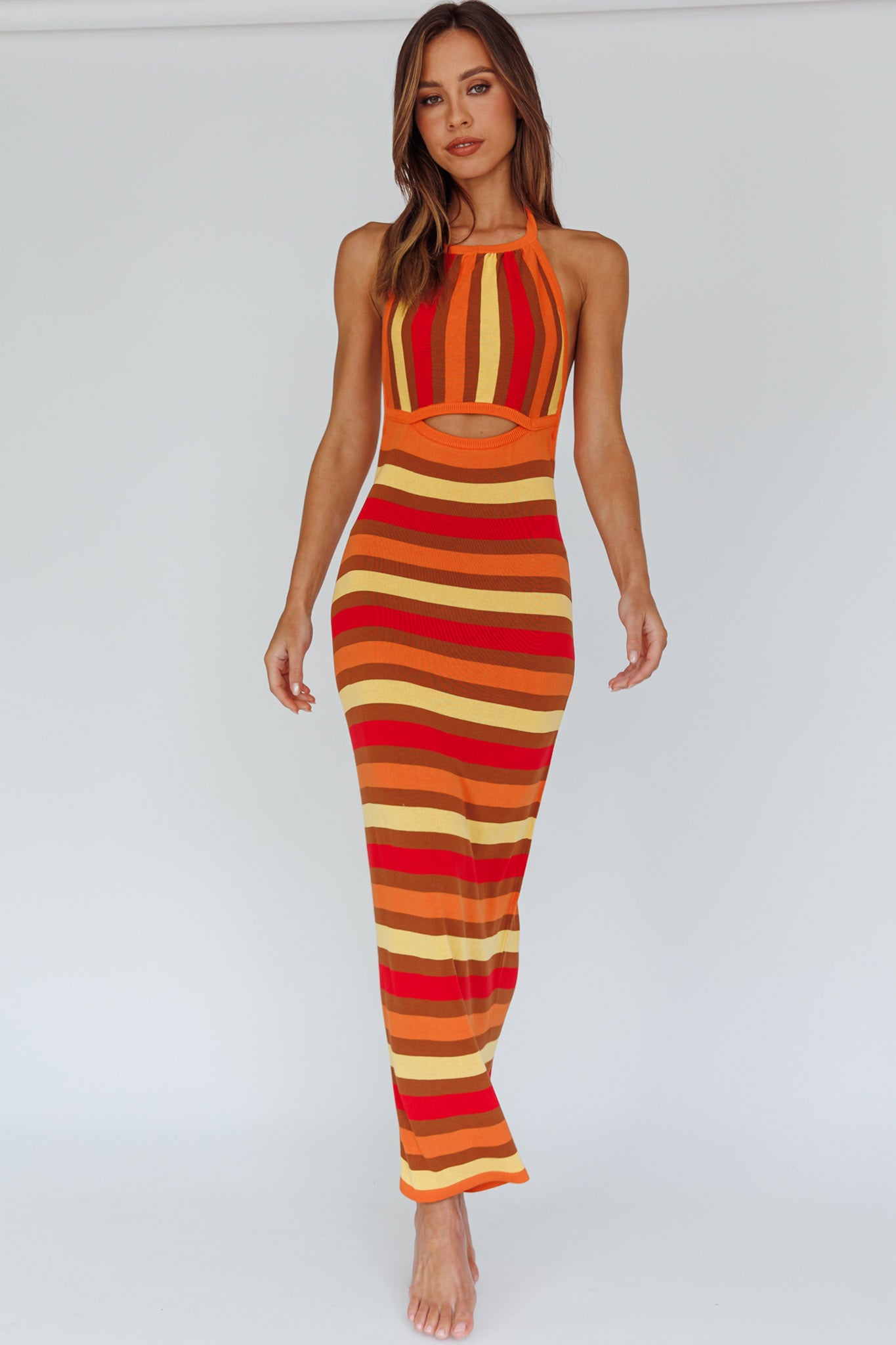 French Riviera Halterneck Knit Maxi Dress Brown/Orange by Selfie Leslie