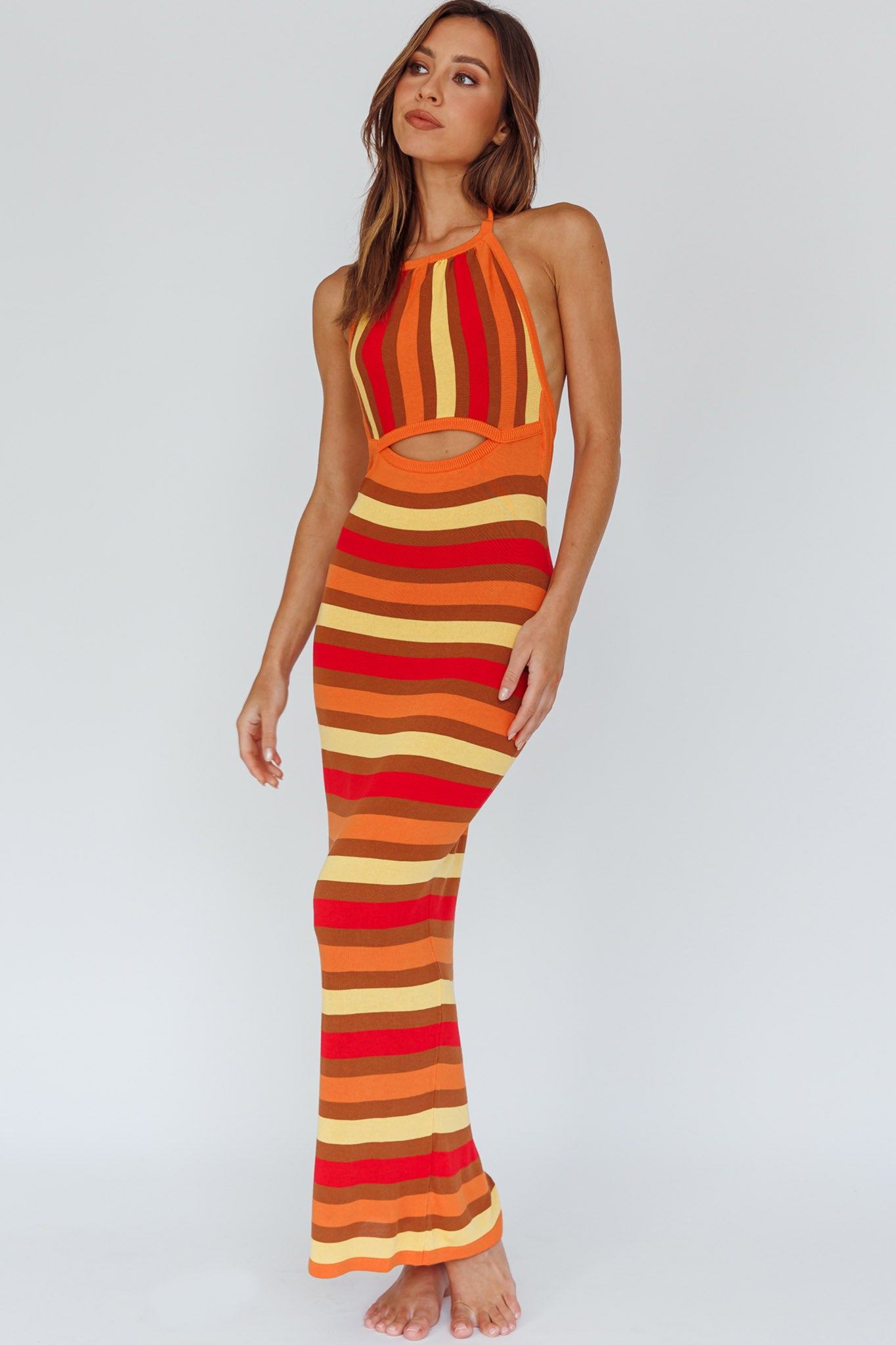 French Riviera Halterneck Knit Maxi Dress Brown/Orange by Selfie Leslie