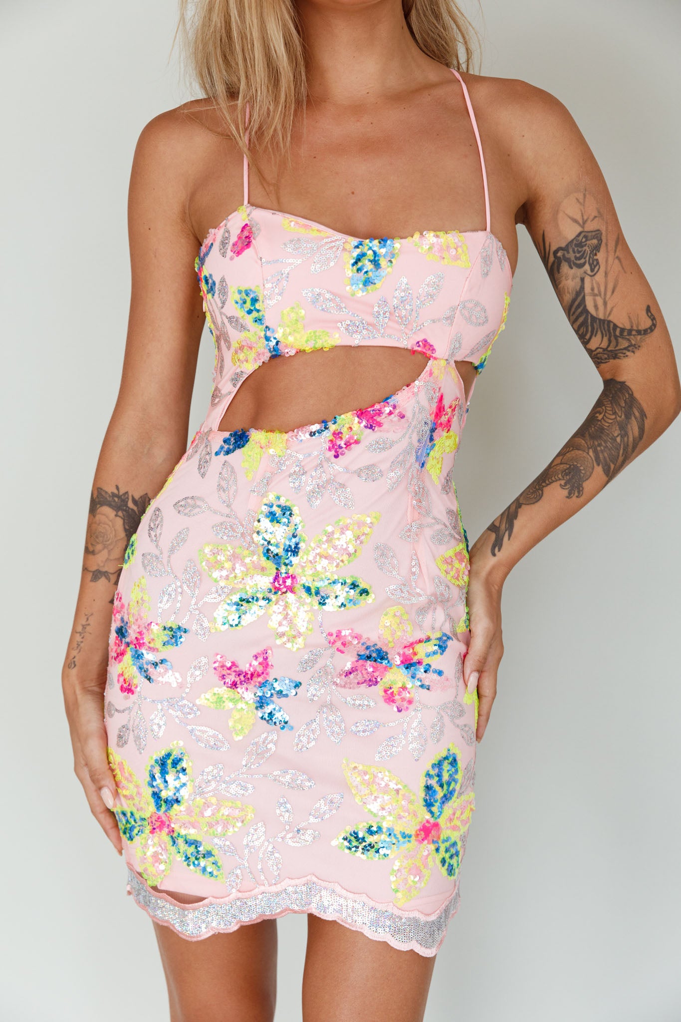 Anu Cut-Out Laced Back Sequin Dress Pink by Selfie Leslie