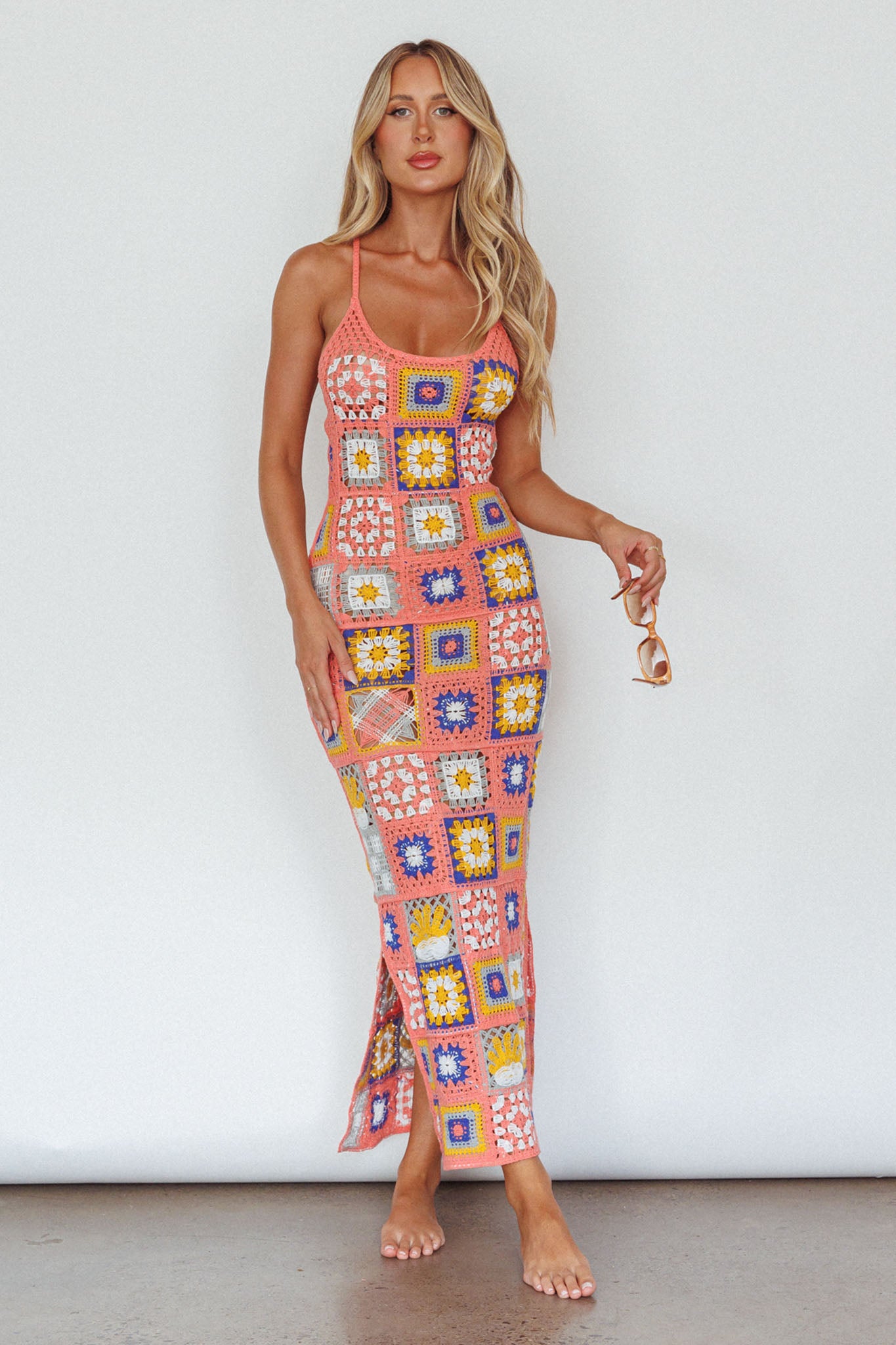 crochet dress womens Bali Babe Crochet Maxi Dress Pink Multi