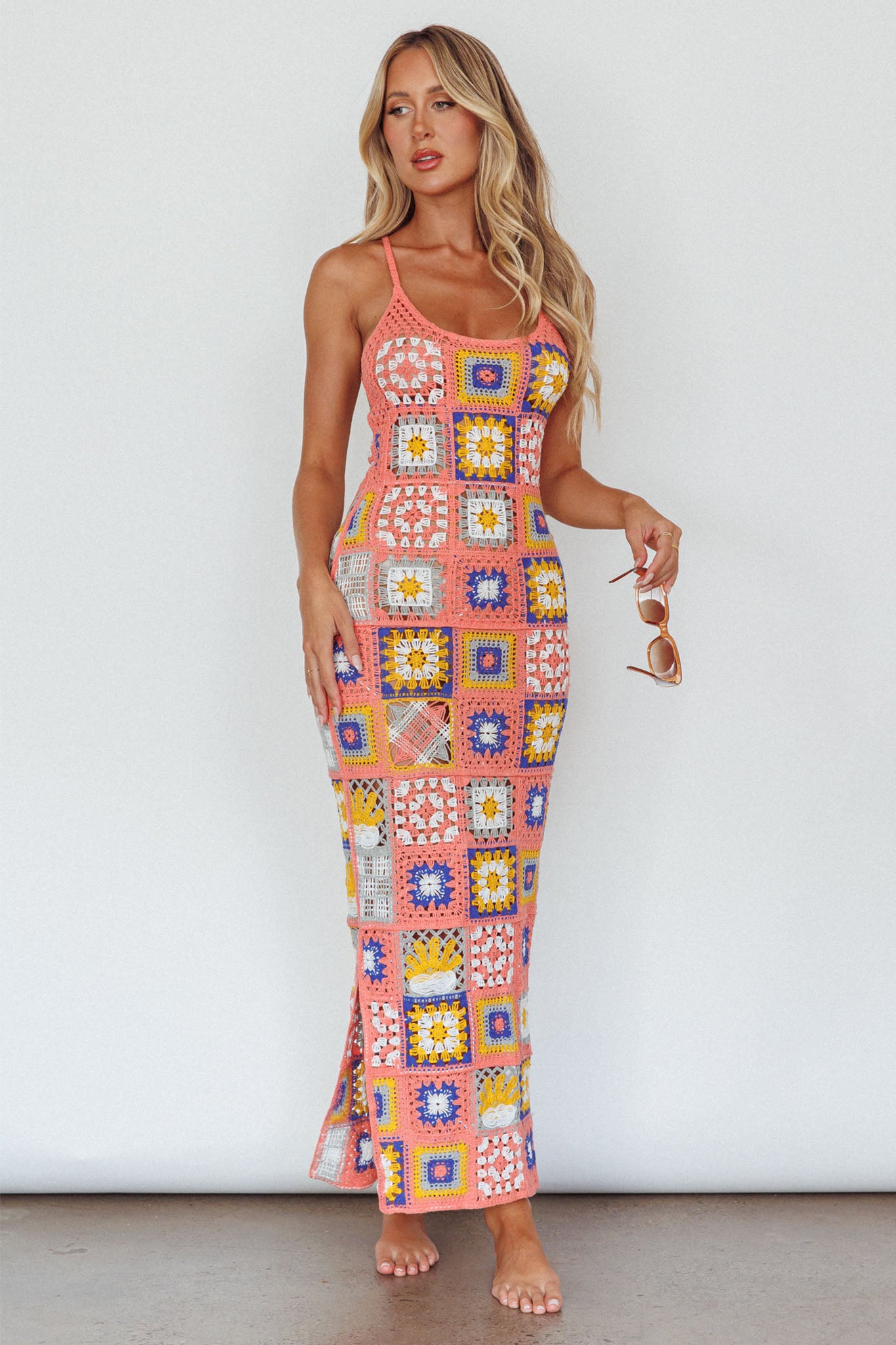 Bali Babe Crochet Maxi Dress Pink Multi by Selfie Leslie