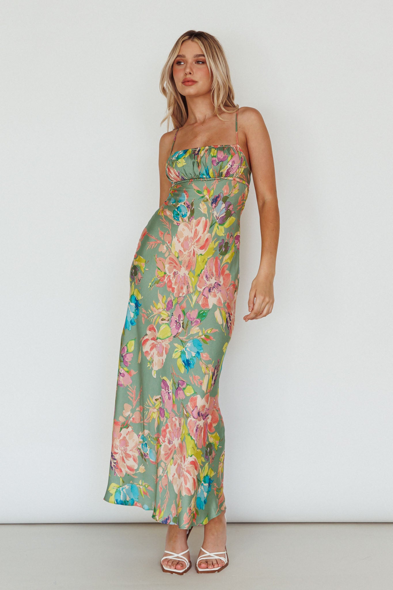 From Above V-Back Midi Dress Floral Green by Selfie Leslie