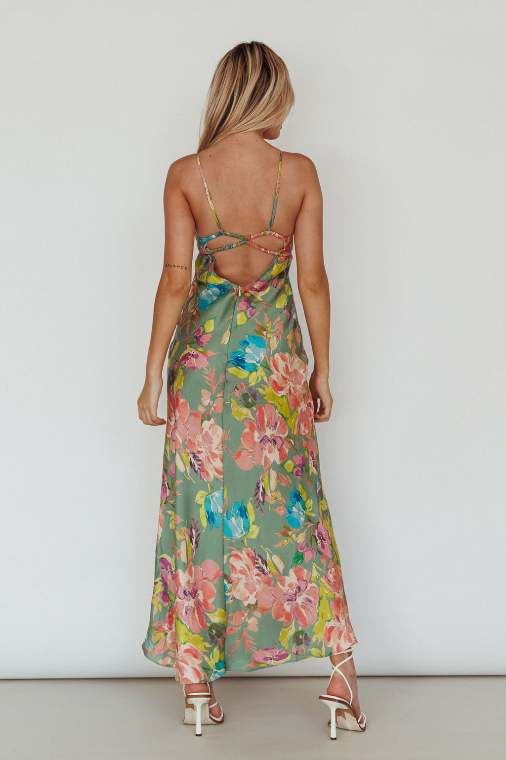 From Above V-Back Midi Dress Floral Green by Selfie Leslie