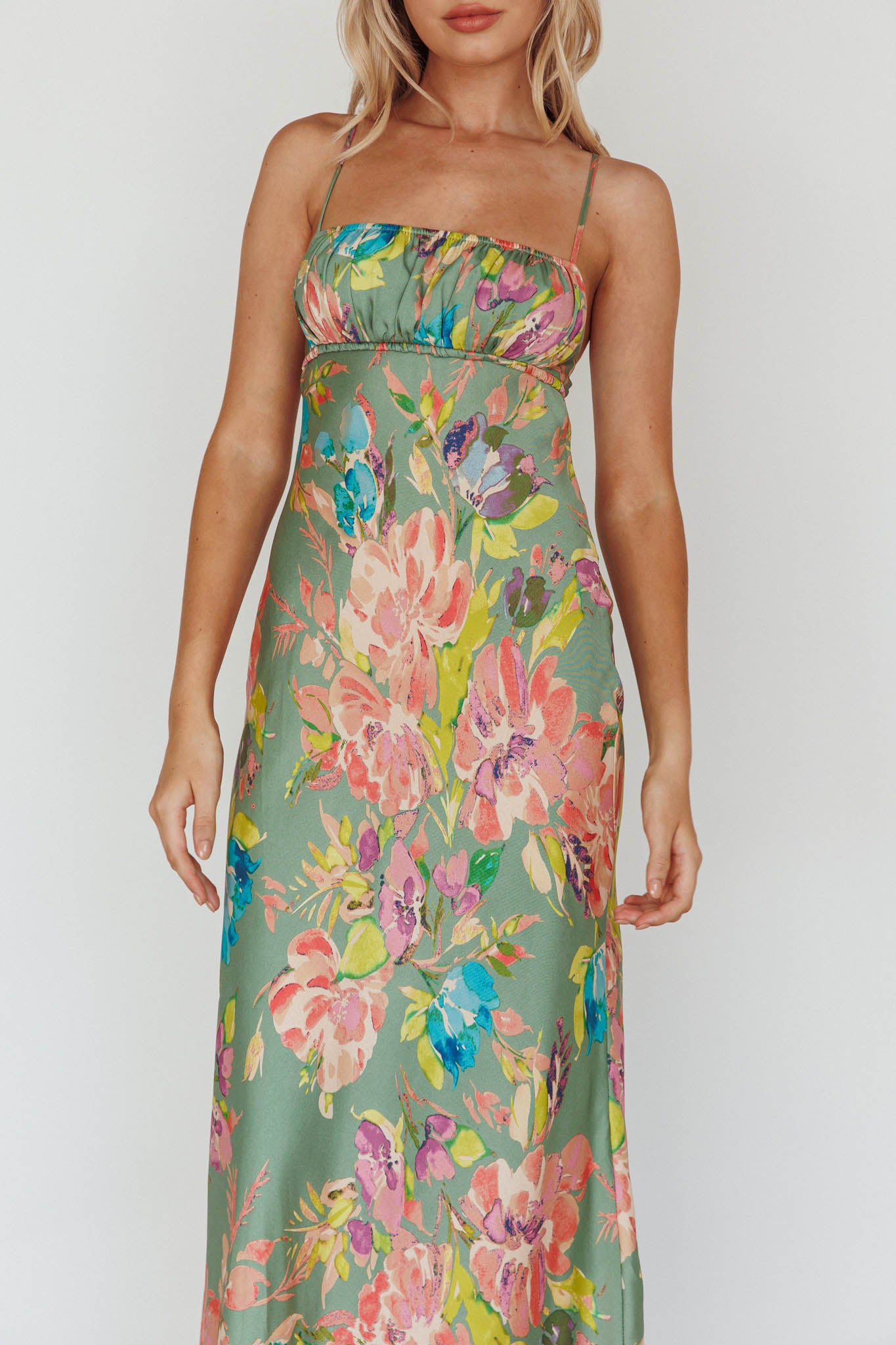 From Above V-Back Midi Dress Floral Green by Selfie Leslie