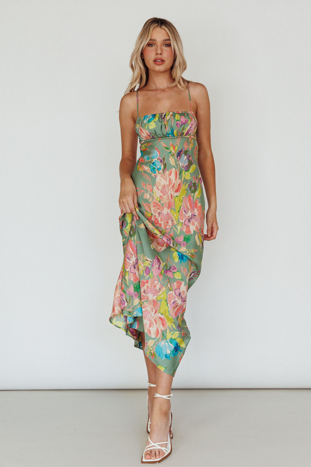 From Above V-Back Midi Dress Floral Green by Selfie Leslie