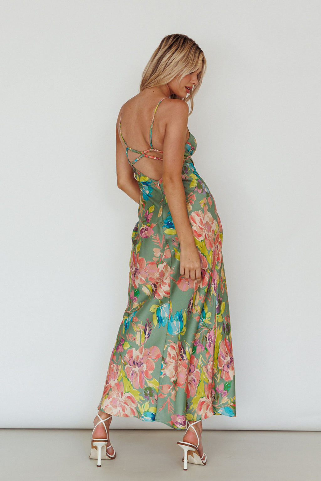 From Above V-Back Midi Dress Floral Green by Selfie Leslie